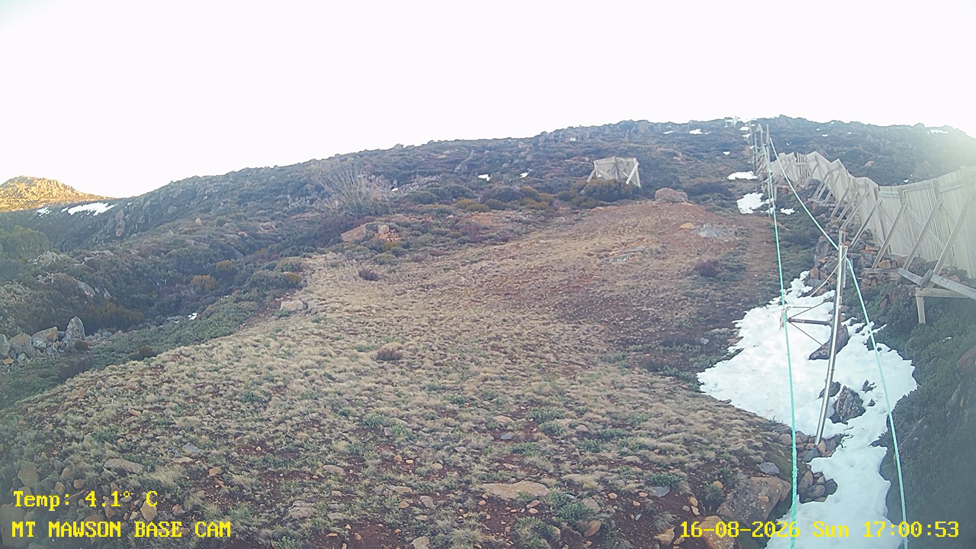 Mt Mawson Base Cam #1 snow cam captured at 16 August 2026 at 5:13 pm AEST