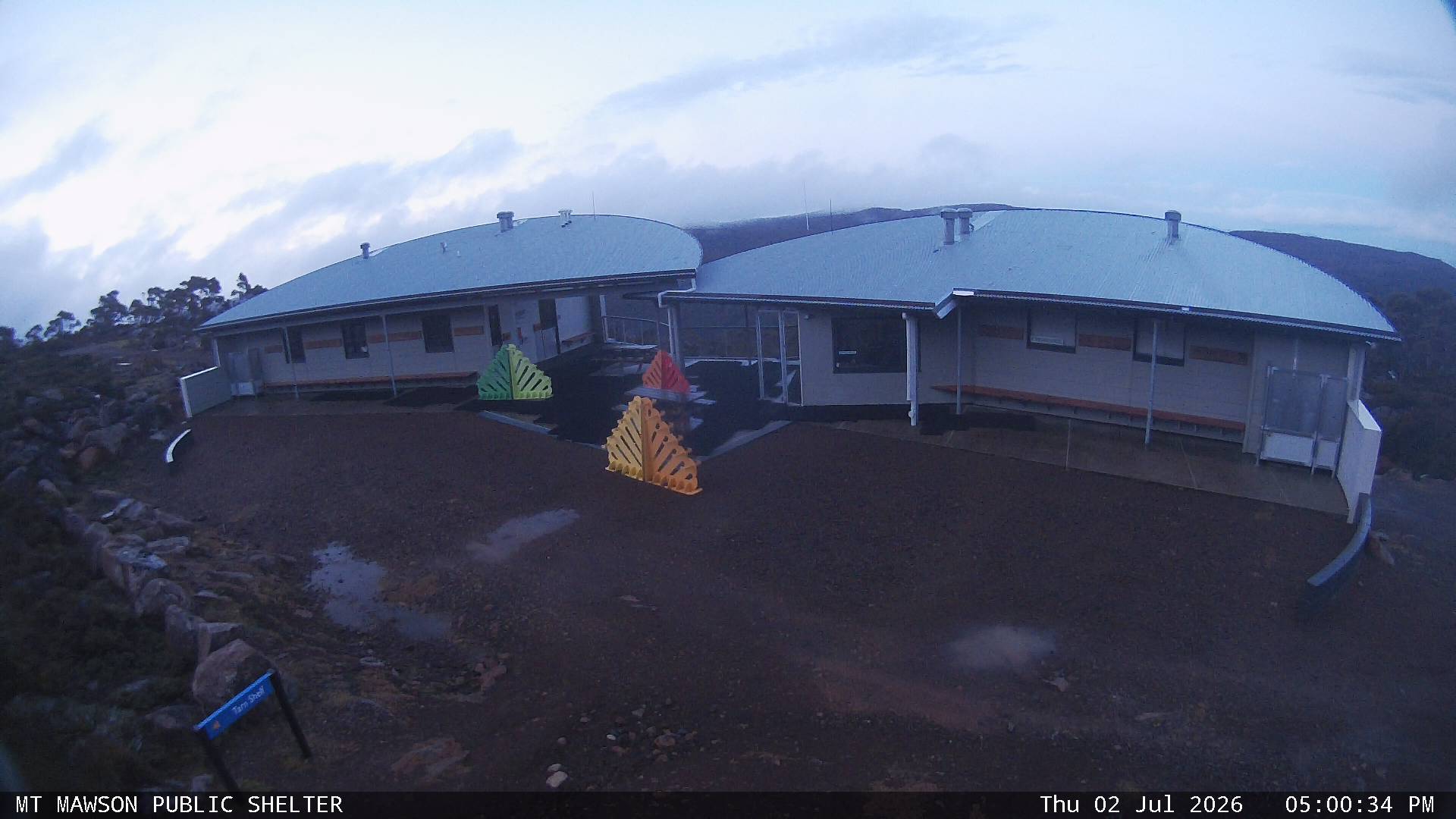 Mt Mawson Public Shelter snow cam captured at 2 July 2026 at 5:14 pm AEST