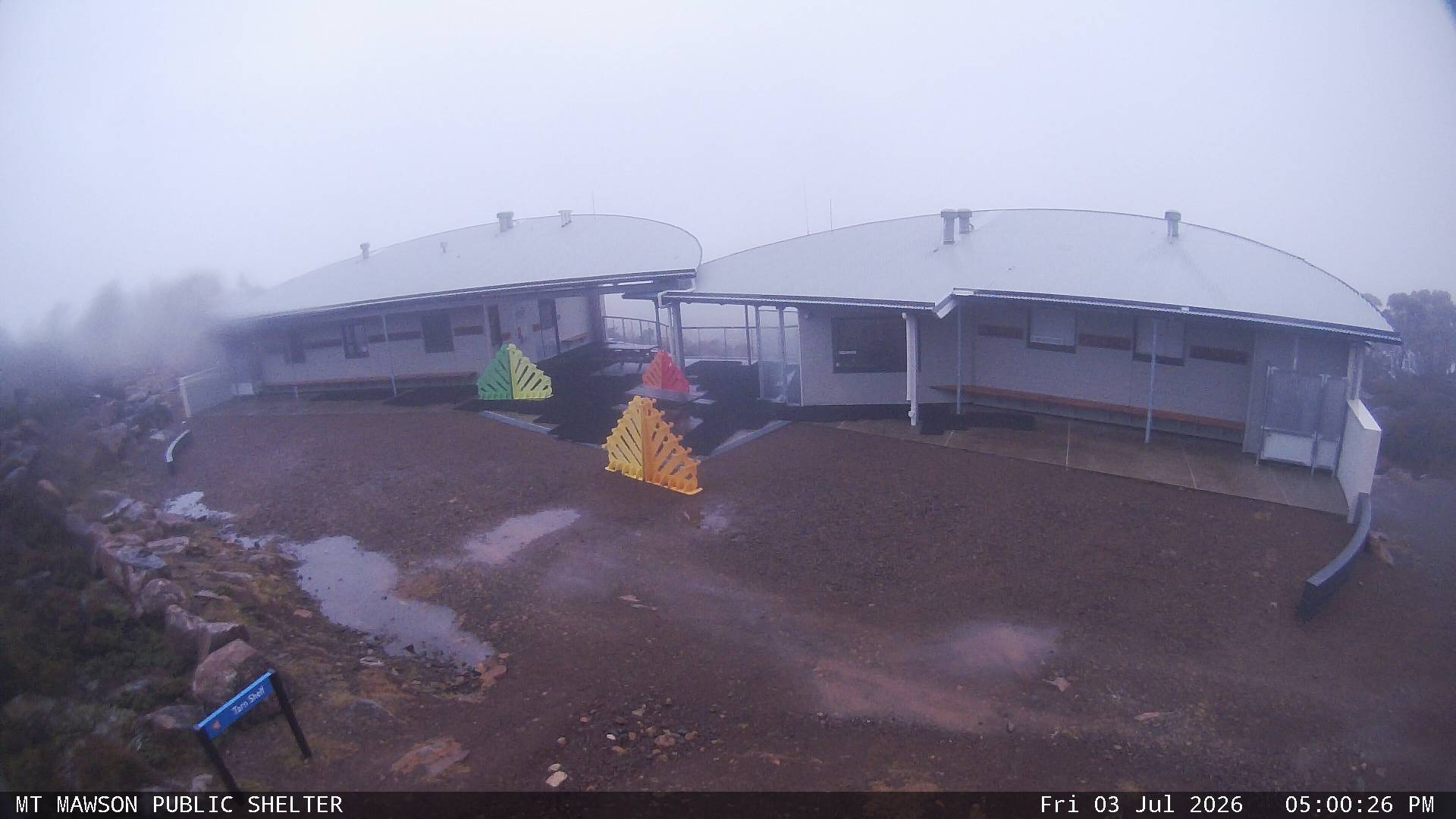 Mt Mawson Public Shelter snow cam captured at 3 July 2026 at 5:14 pm AEST