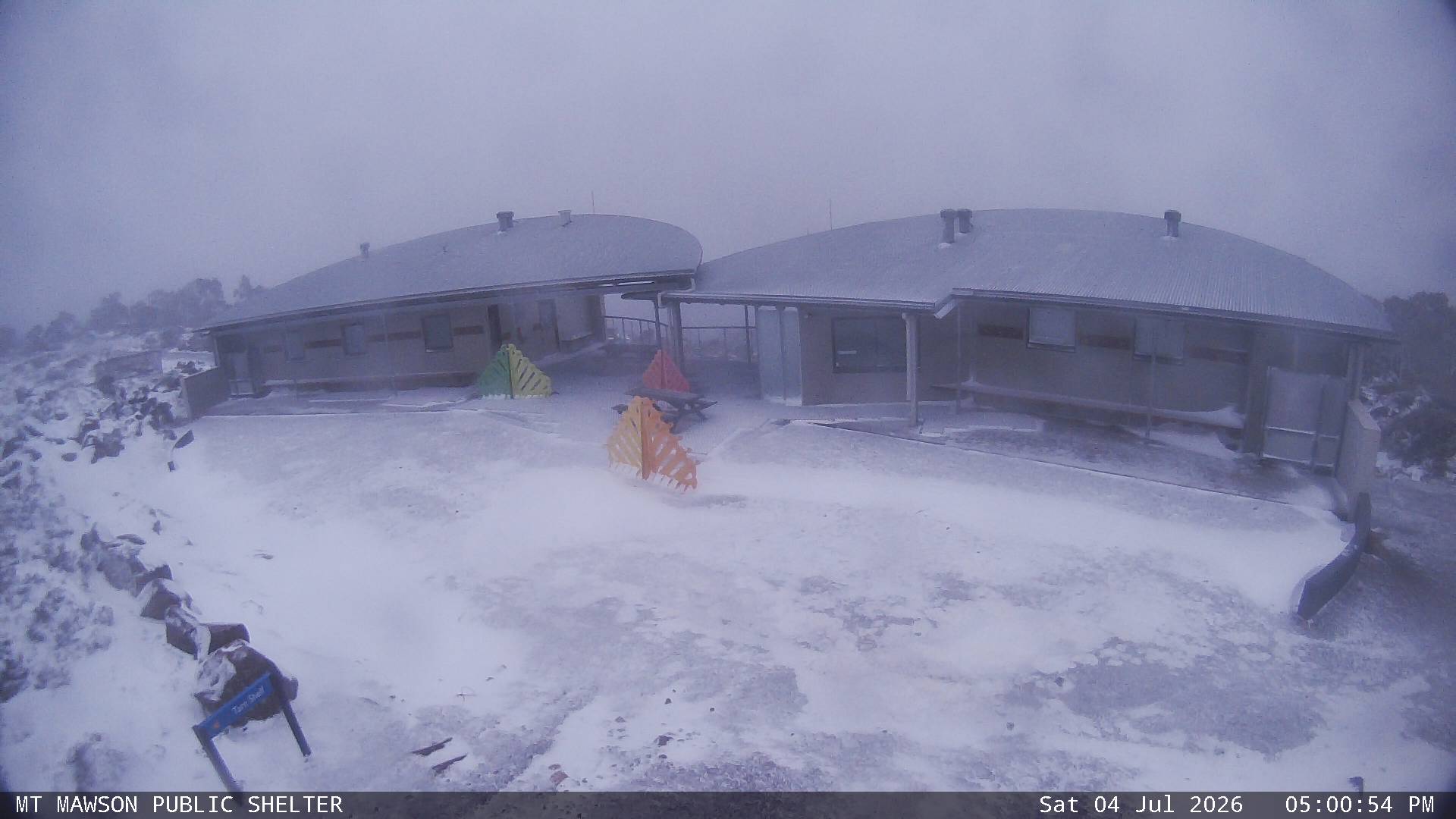 Mt Mawson Public Shelter snow cam captured at 4 July 2026 at 5:14 pm AEST