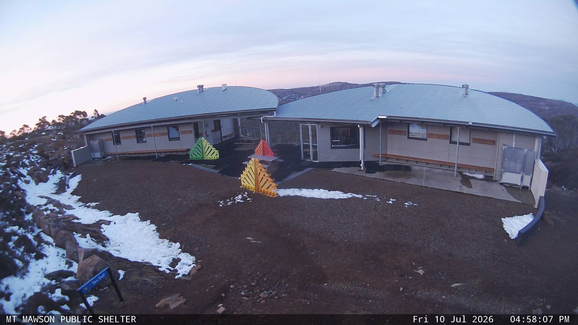 Mt Mawson Public Shelter snow cam captured at 10 July 2026 at 5:14 pm AEST
