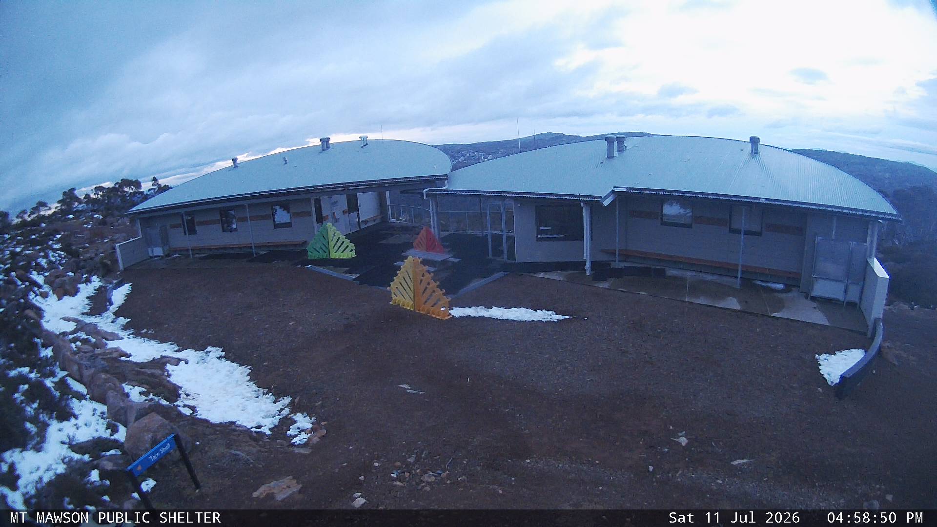 Mt Mawson Public Shelter snow cam captured at 11 July 2026 at 5:14 pm AEST
