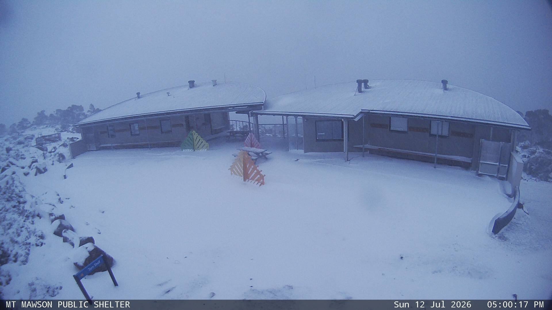 Mt Mawson Public Shelter snow cam captured at 12 July 2026 at 5:13 pm AEST