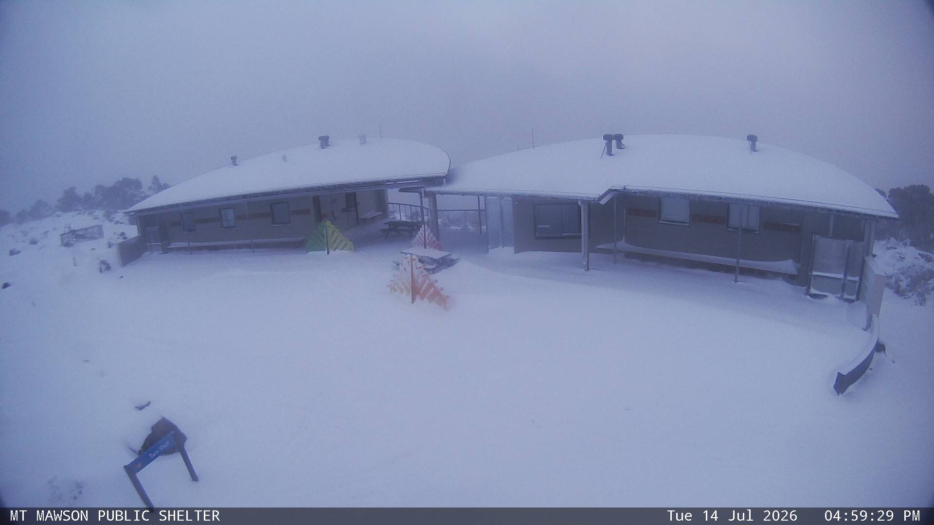 Mt Mawson Public Shelter snow cam captured at 14 July 2026 at 5:03 pm AEST