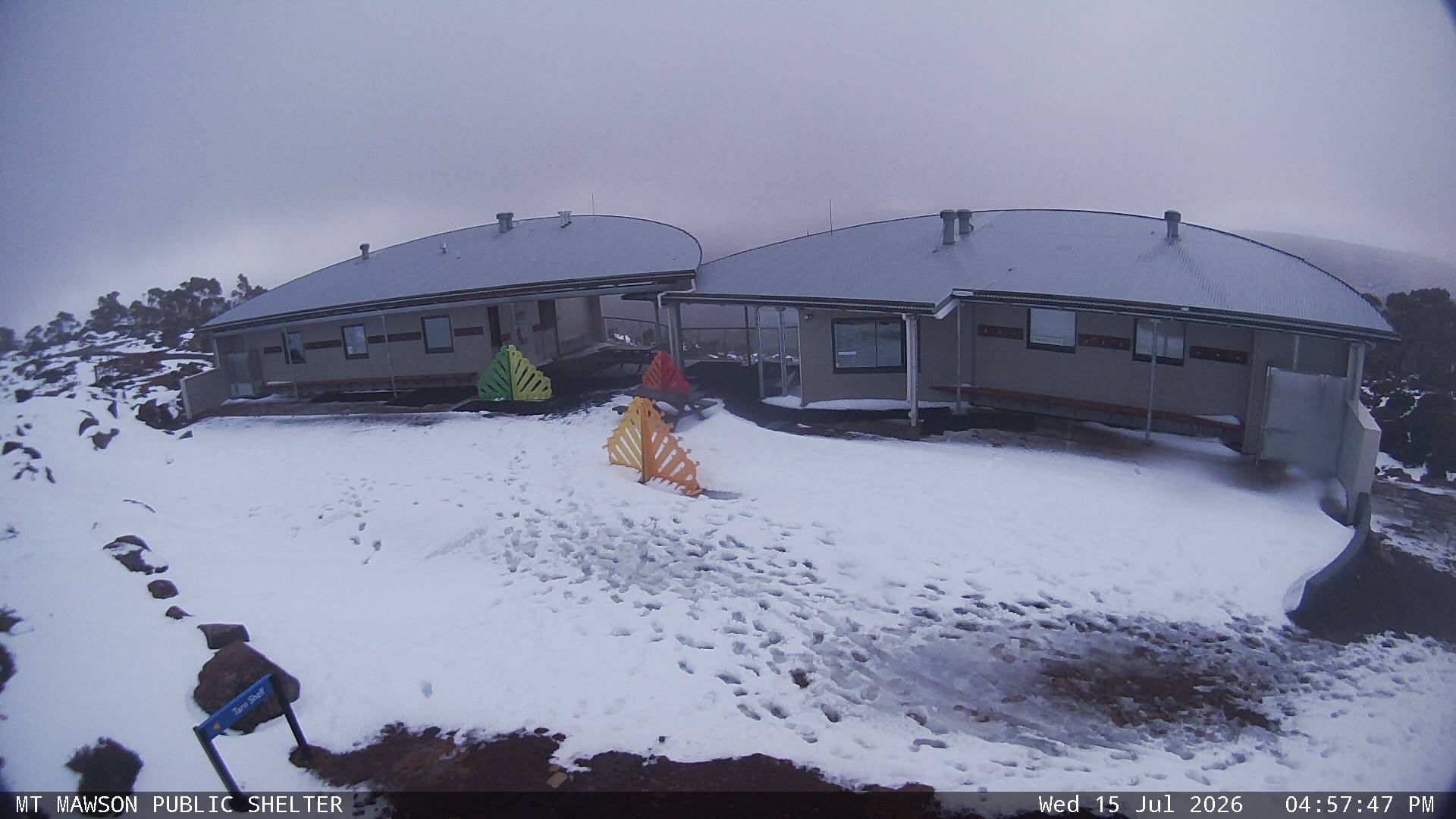 Mt Mawson Public Shelter snow cam captured at 15 July 2026 at 5:03 pm AEST