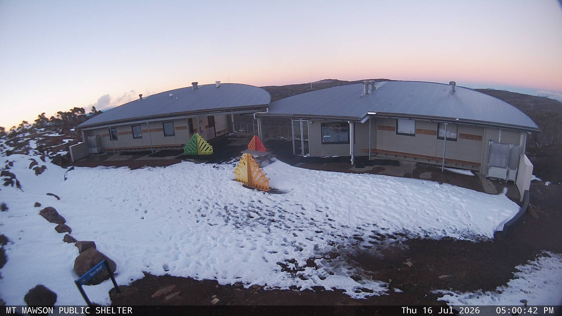 Mt Mawson Public Shelter snow cam captured at 16 July 2026 at 5:03 pm AEST