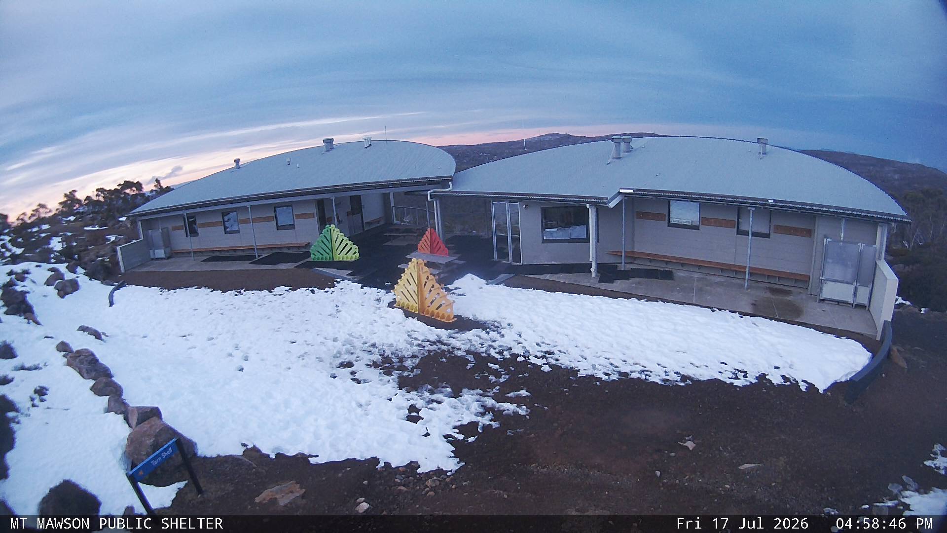 Mt Mawson Public Shelter snow cam captured at 17 July 2026 at 5:03 pm AEST