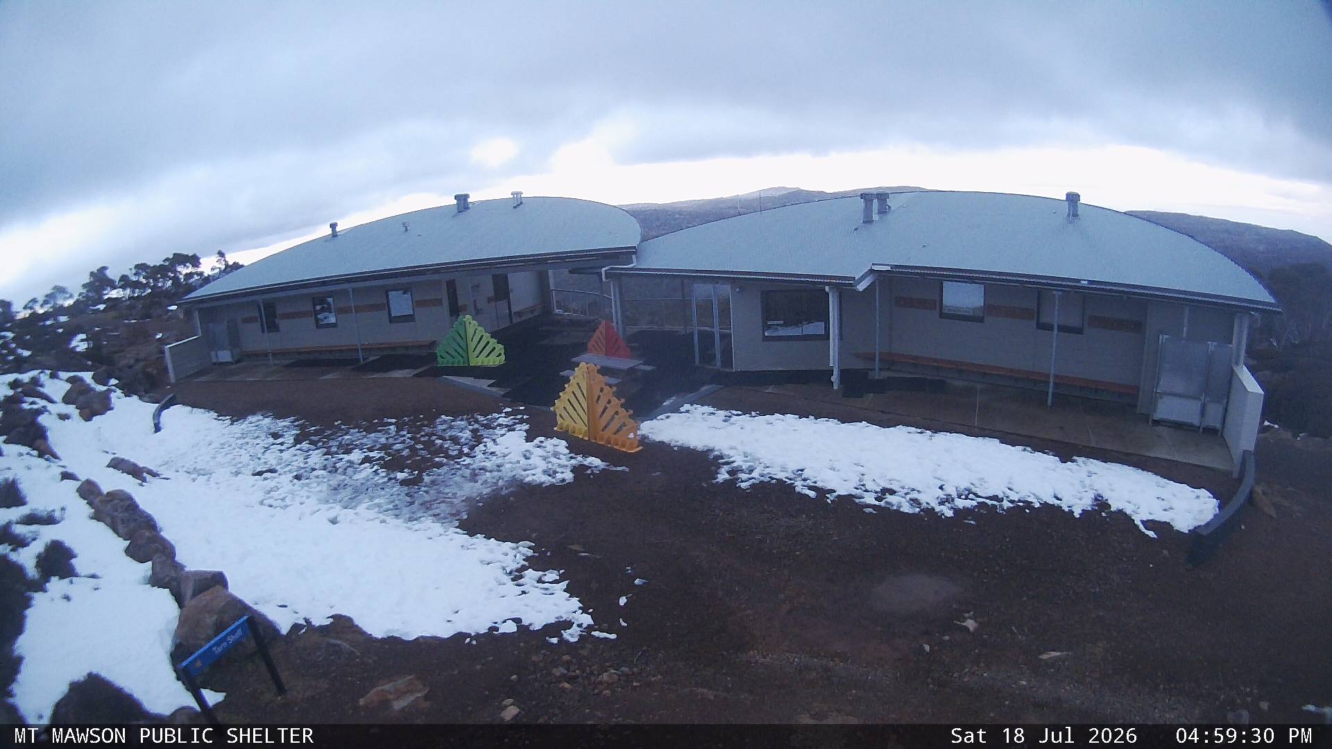 Mt Mawson Public Shelter snow cam captured at 18 July 2026 at 5:03 pm AEST