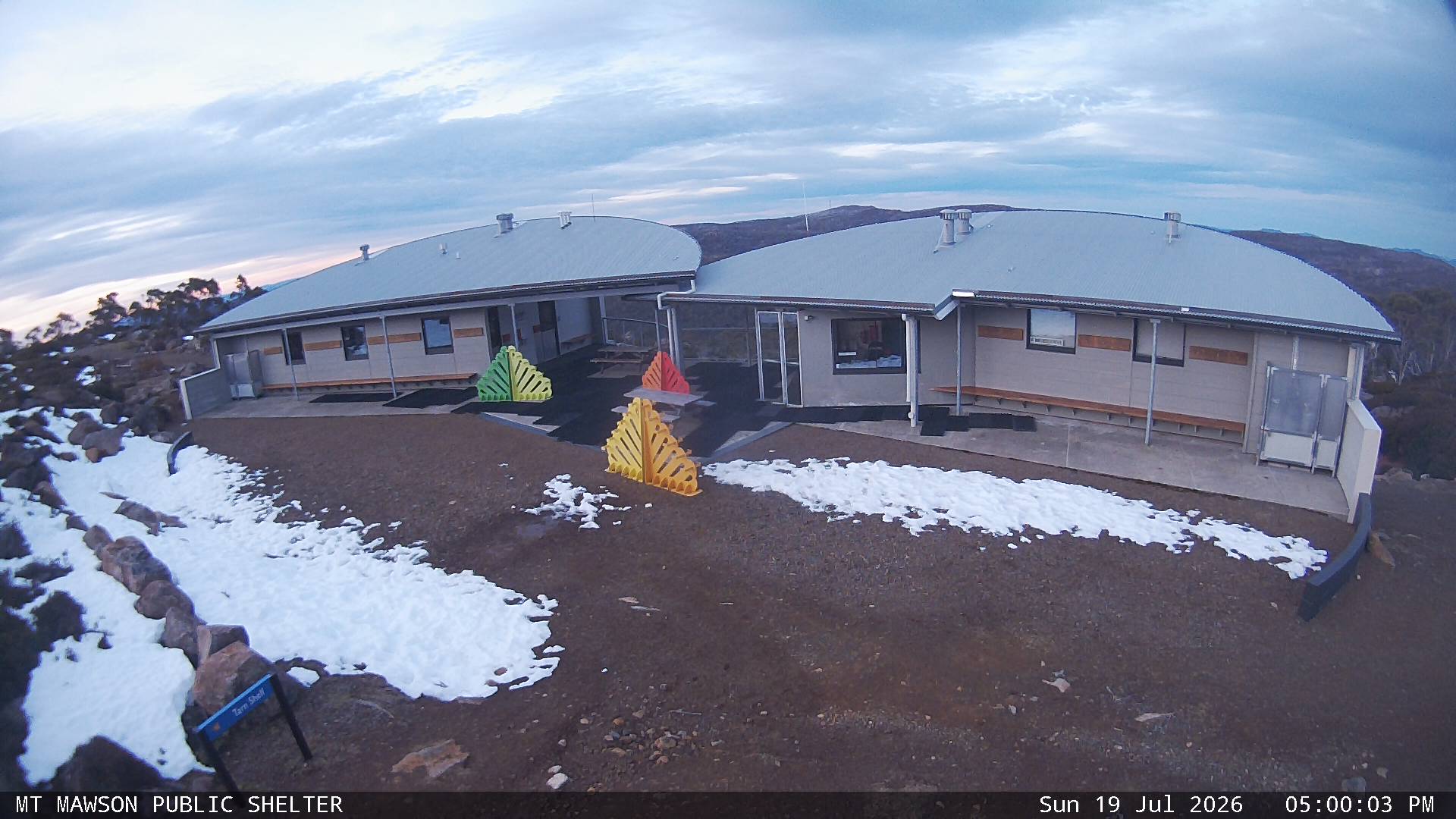 Mt Mawson Public Shelter snow cam captured at 19 July 2026 at 5:03 pm AEST