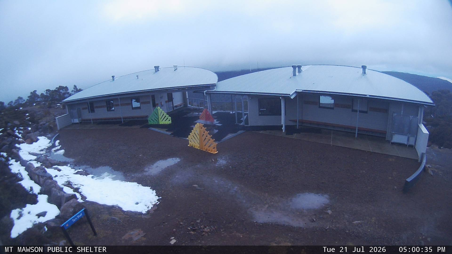 Mt Mawson Public Shelter snow cam captured at 21 July 2026 at 5:05 pm AEST