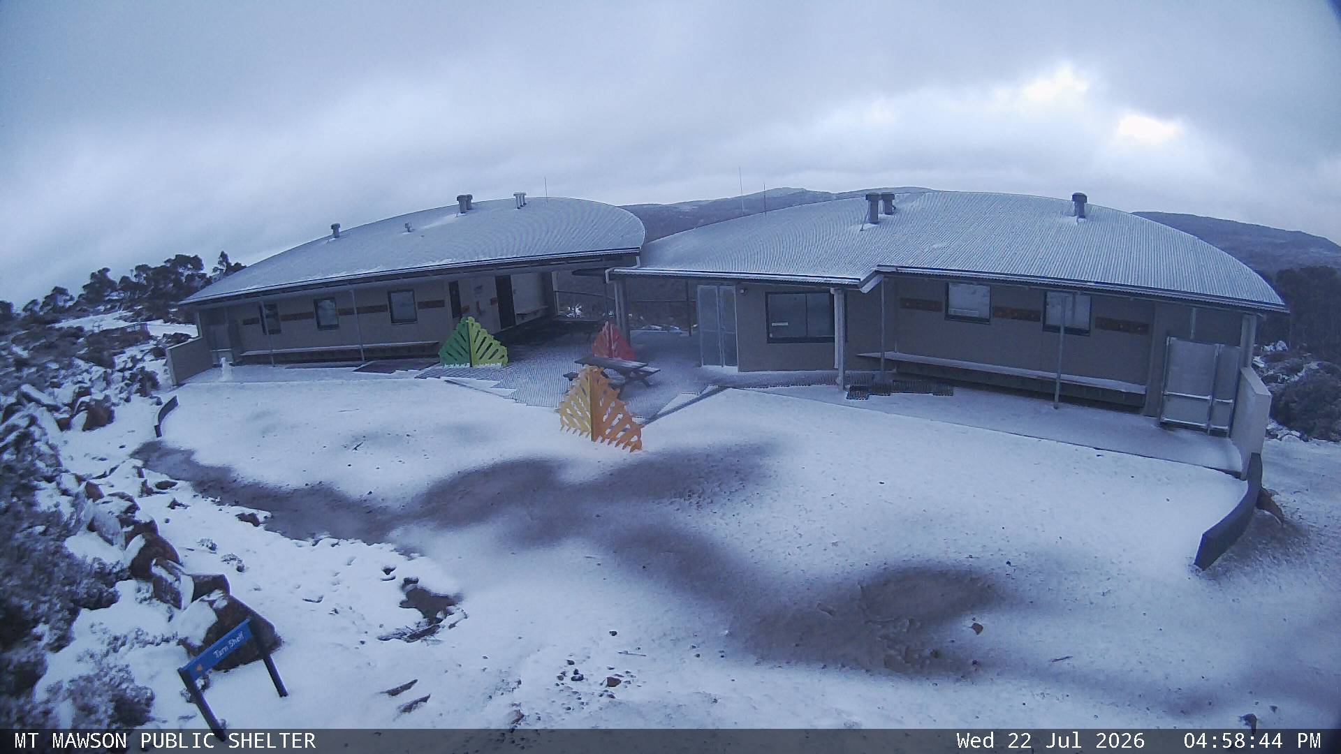 Mt Mawson Public Shelter snow cam captured at 22 July 2026 at 5:05 pm AEST
