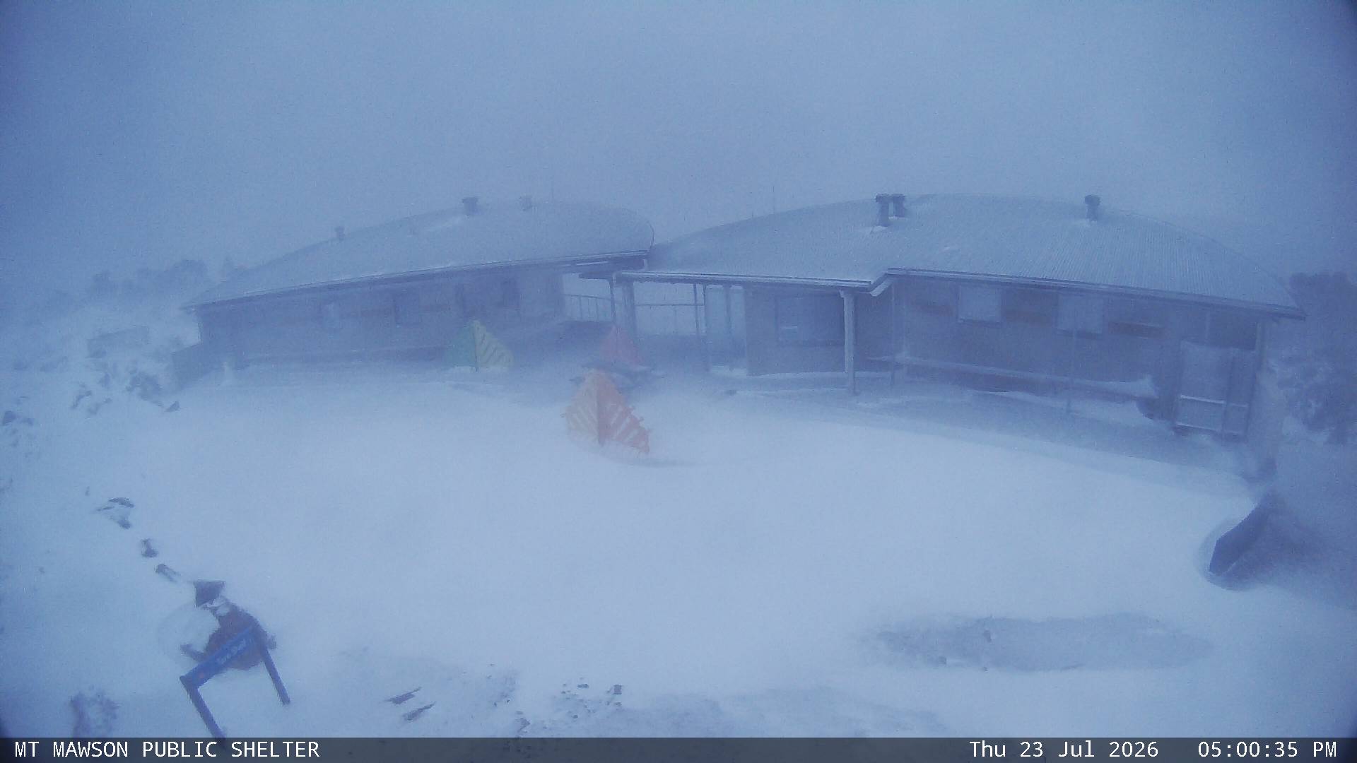 Mt Mawson Public Shelter snow cam captured at 23 July 2026 at 5:11 pm AEST