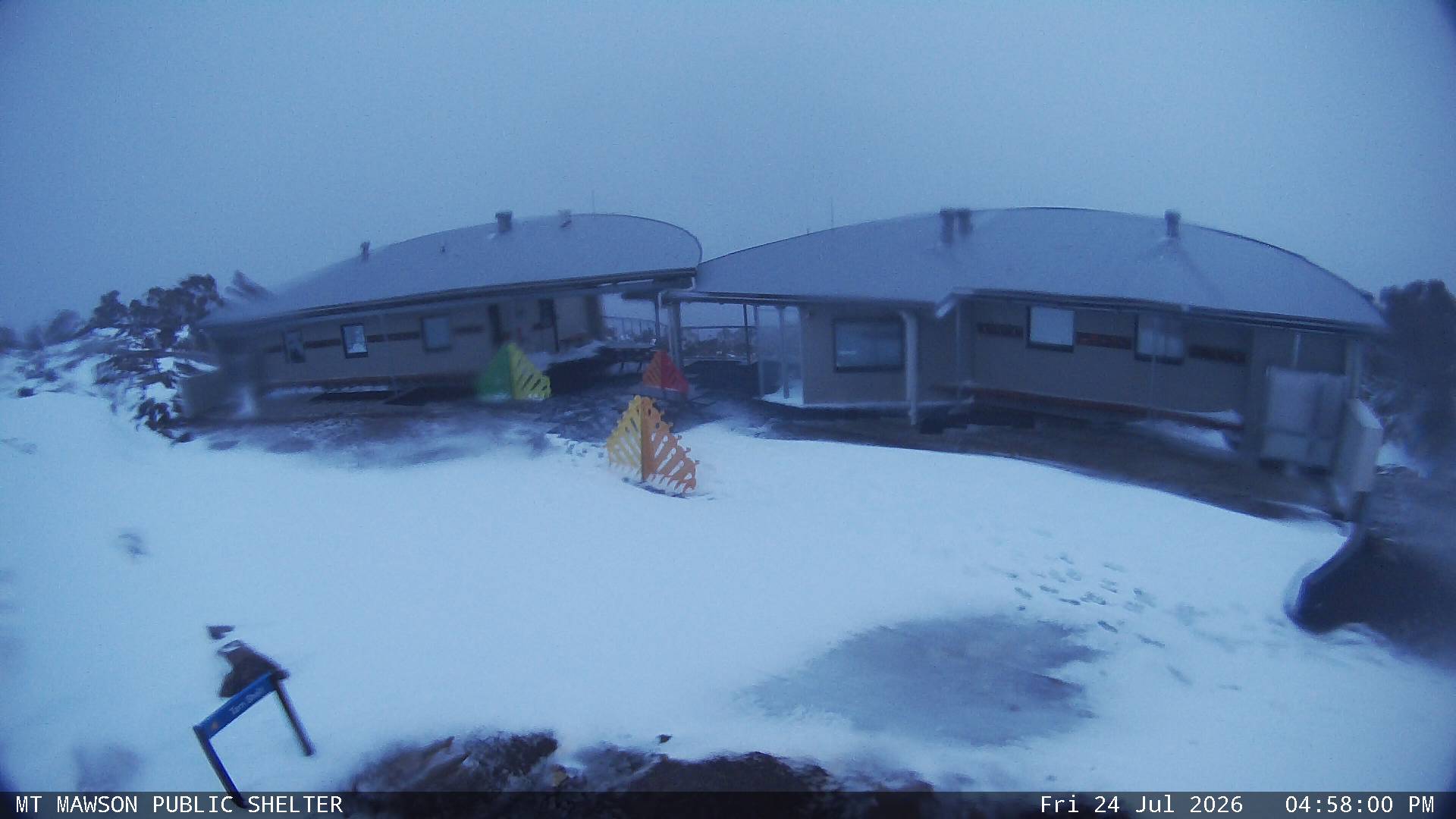 Mt Mawson Public Shelter snow cam captured at 24 July 2026 at 5:11 pm AEST