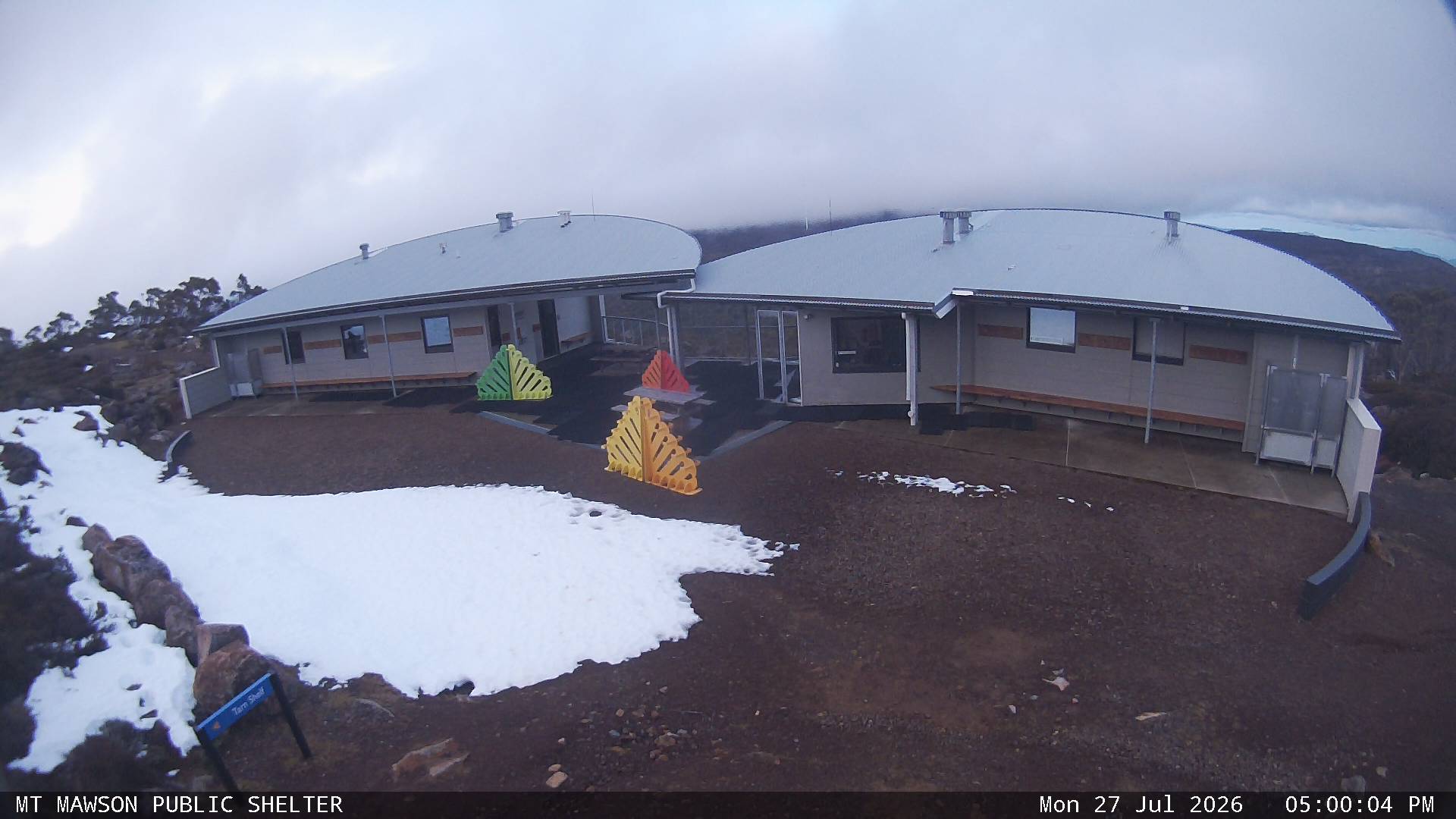 Mt Mawson Public Shelter snow cam captured at 27 July 2026 at 5:12 pm AEST