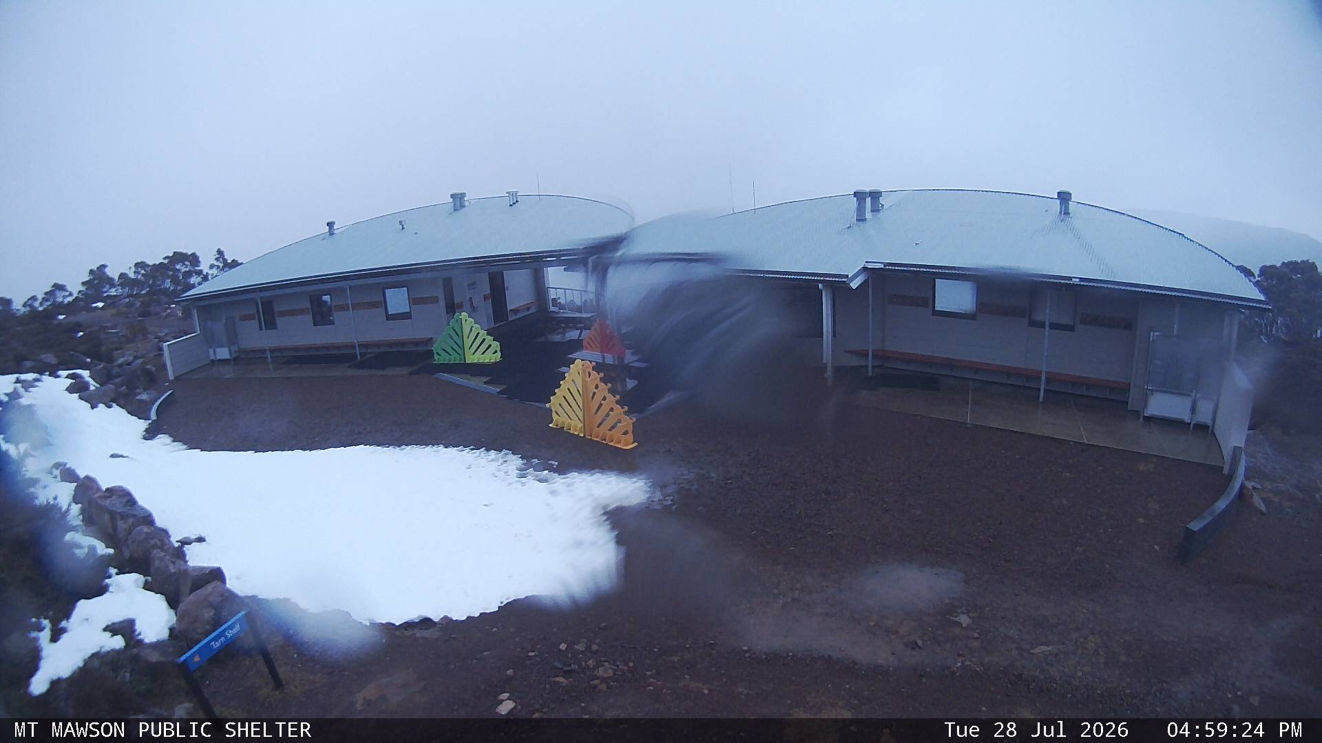 Mt Mawson Public Shelter snow cam captured at 28 July 2026 at 5:12 pm AEST
