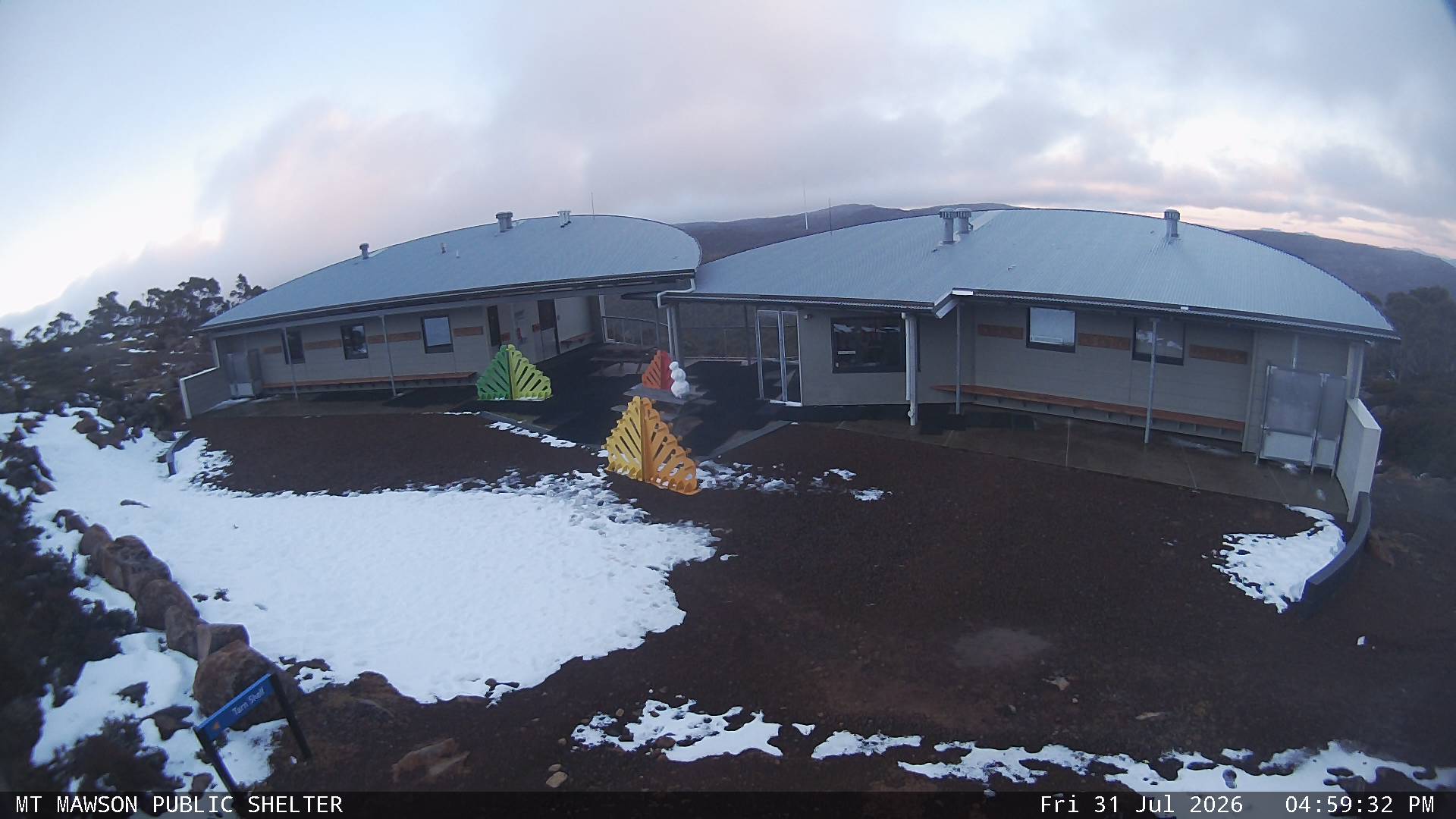 Mt Mawson Public Shelter snow cam captured at 31 July 2026 at 5:11 pm AEST
