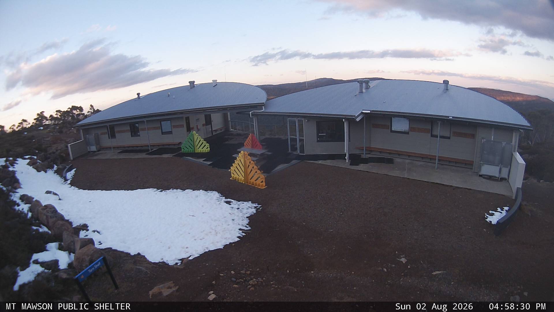 Mt Mawson Public Shelter snow cam captured at 2 August 2026 at 5:00 pm AEST