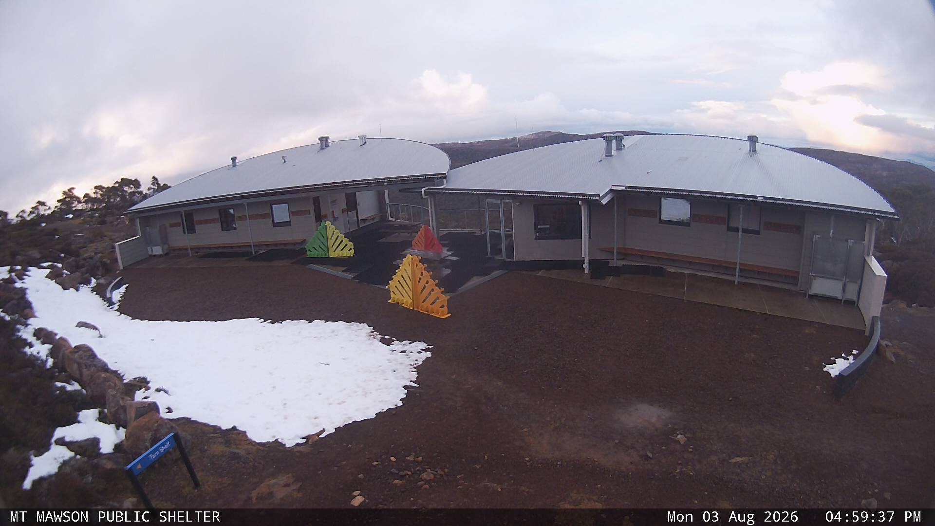 Mt Mawson Public Shelter snow cam captured at 3 August 2026 at 5:12 pm AEST