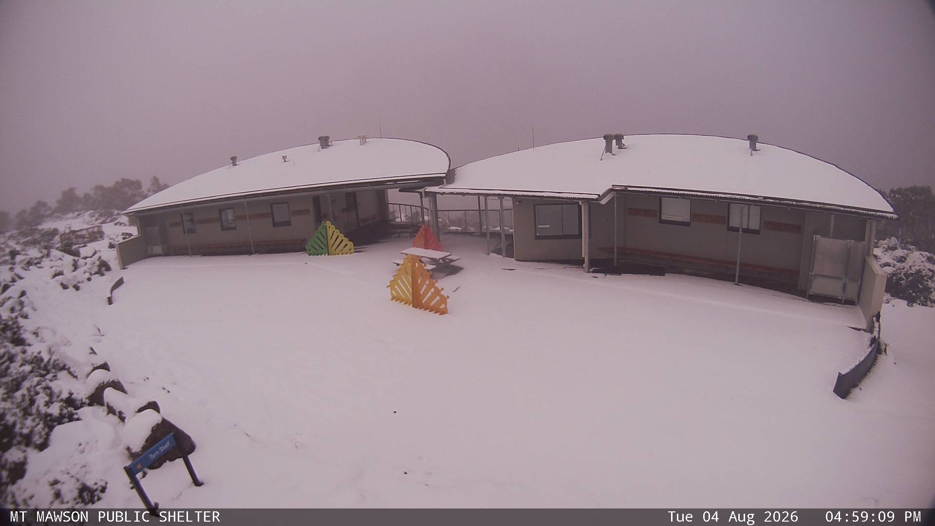 Mt Mawson Public Shelter snow cam captured at 4 August 2026 at 5:12 pm AEST