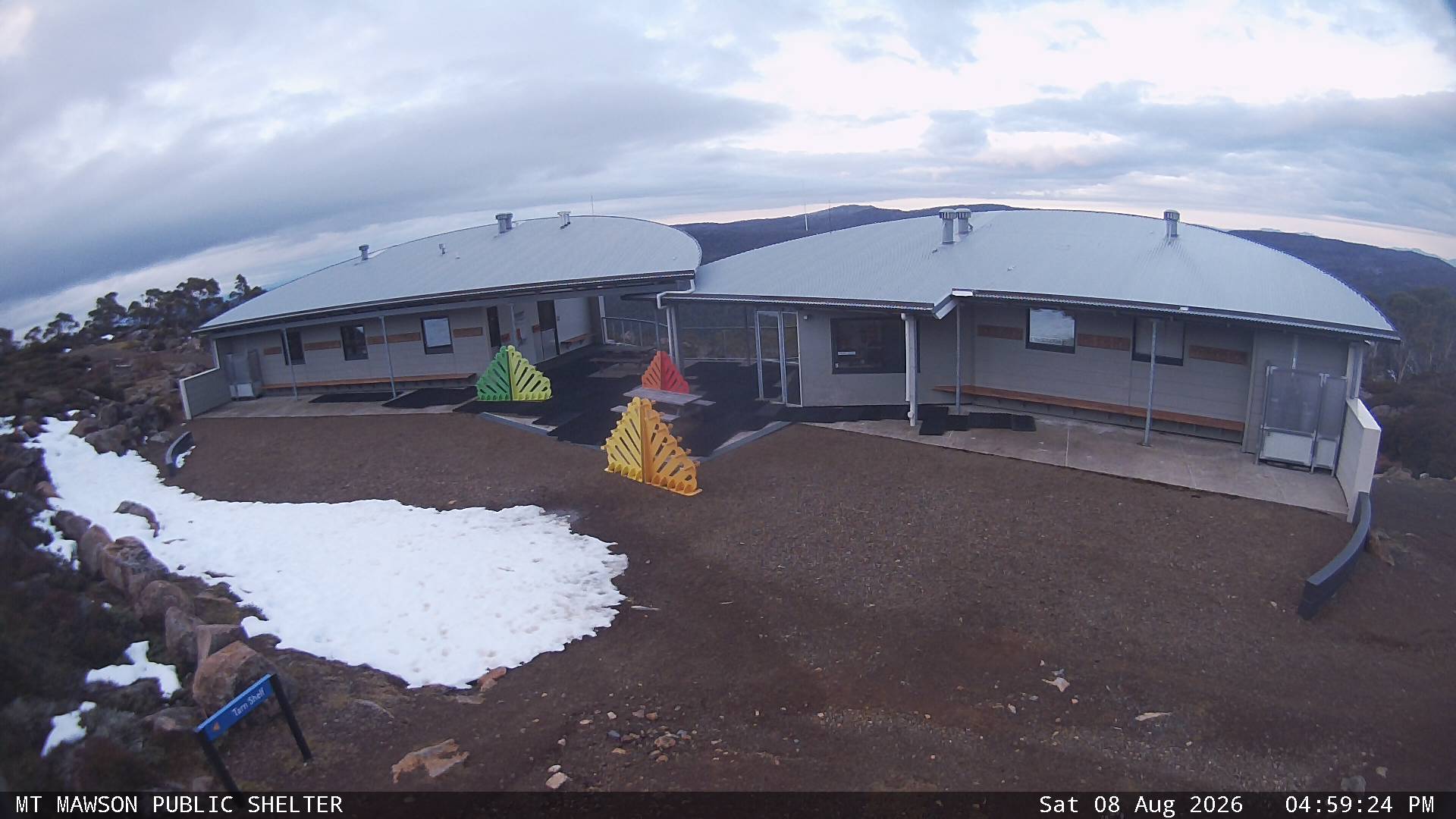 Mt Mawson Public Shelter snow cam captured at 8 August 2026 at 5:12 pm AEST