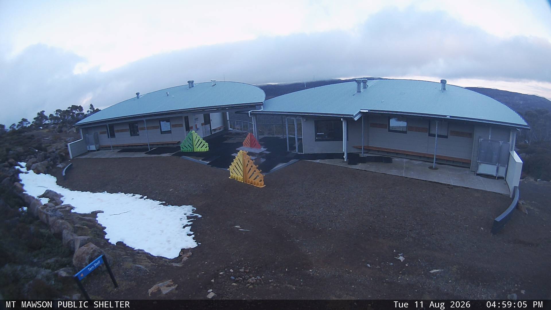 Mt Mawson Public Shelter snow cam captured at 11 August 2026 at 5:09 pm AEST