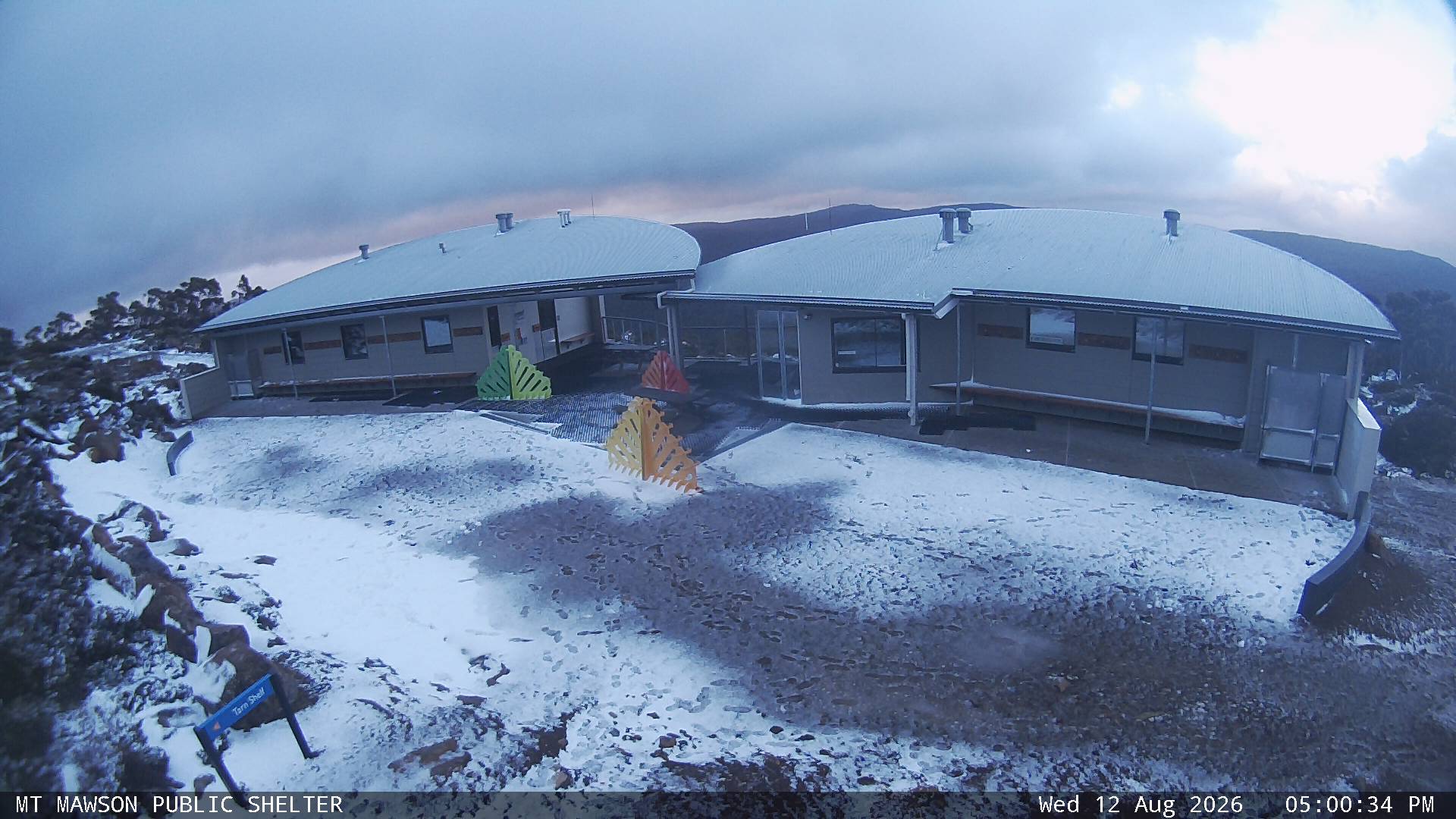 Mt Mawson Public Shelter snow cam captured at 12 August 2026 at 5:12 pm AEST