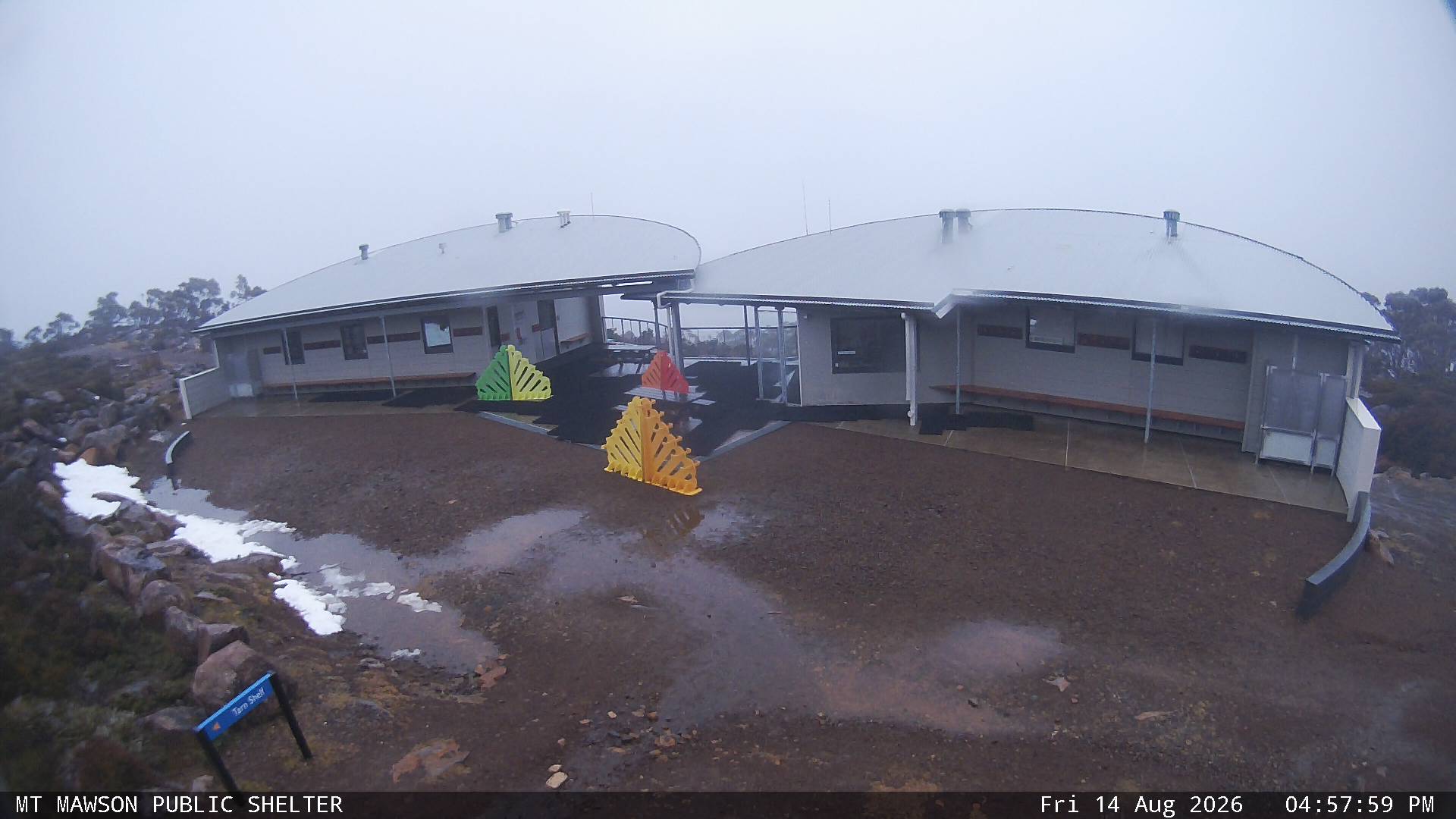 Mt Mawson Public Shelter snow cam captured at 14 August 2026 at 5:13 pm AEST