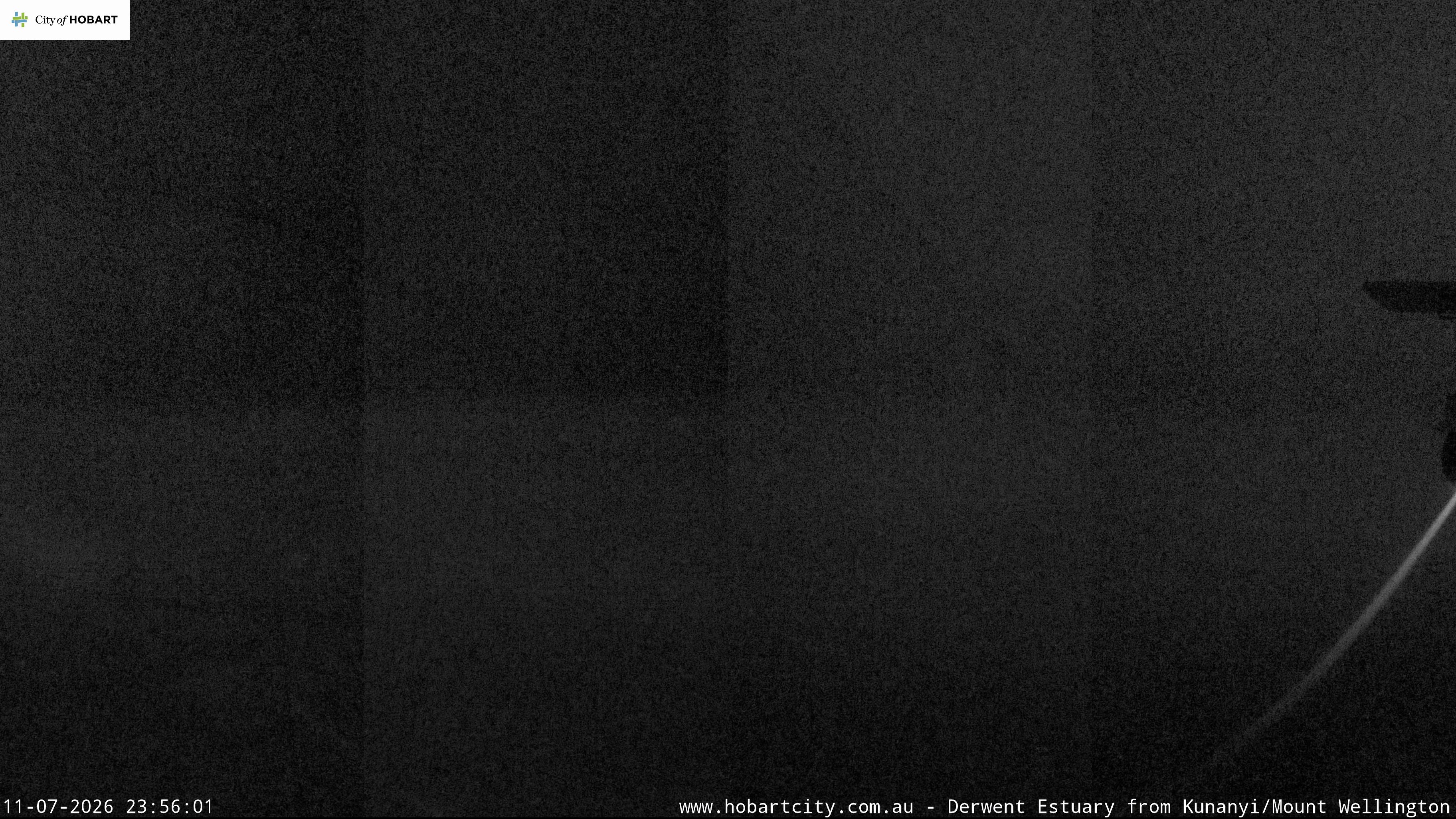 kunanyi / Mt Wellington Hobart and Derwent Estuary snow cam captured at 11 July 2026 at 11:56 pm AEST
