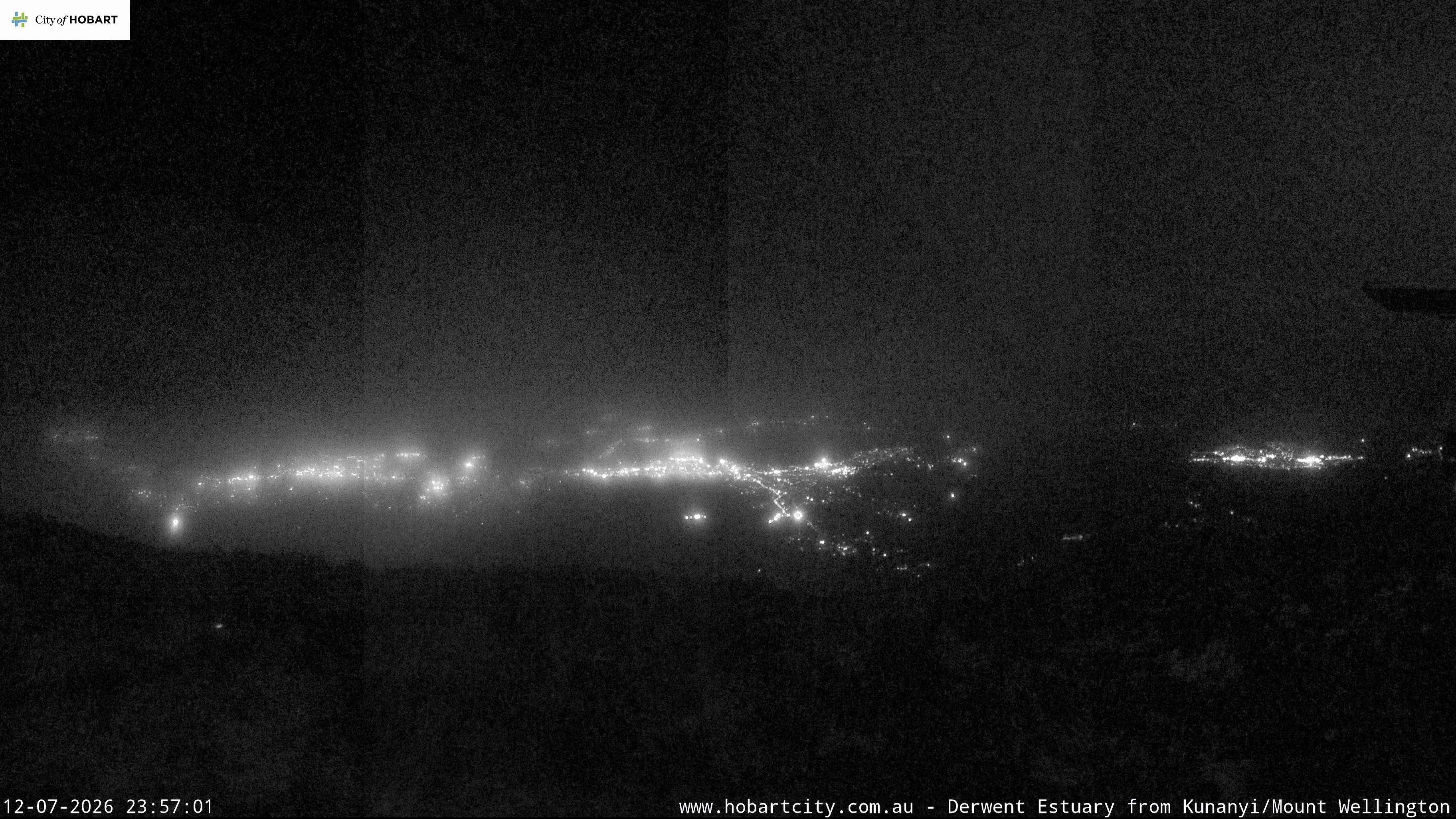 kunanyi / Mt Wellington Hobart and Derwent Estuary snow cam captured at 12 July 2026 at 11:57 pm AEST