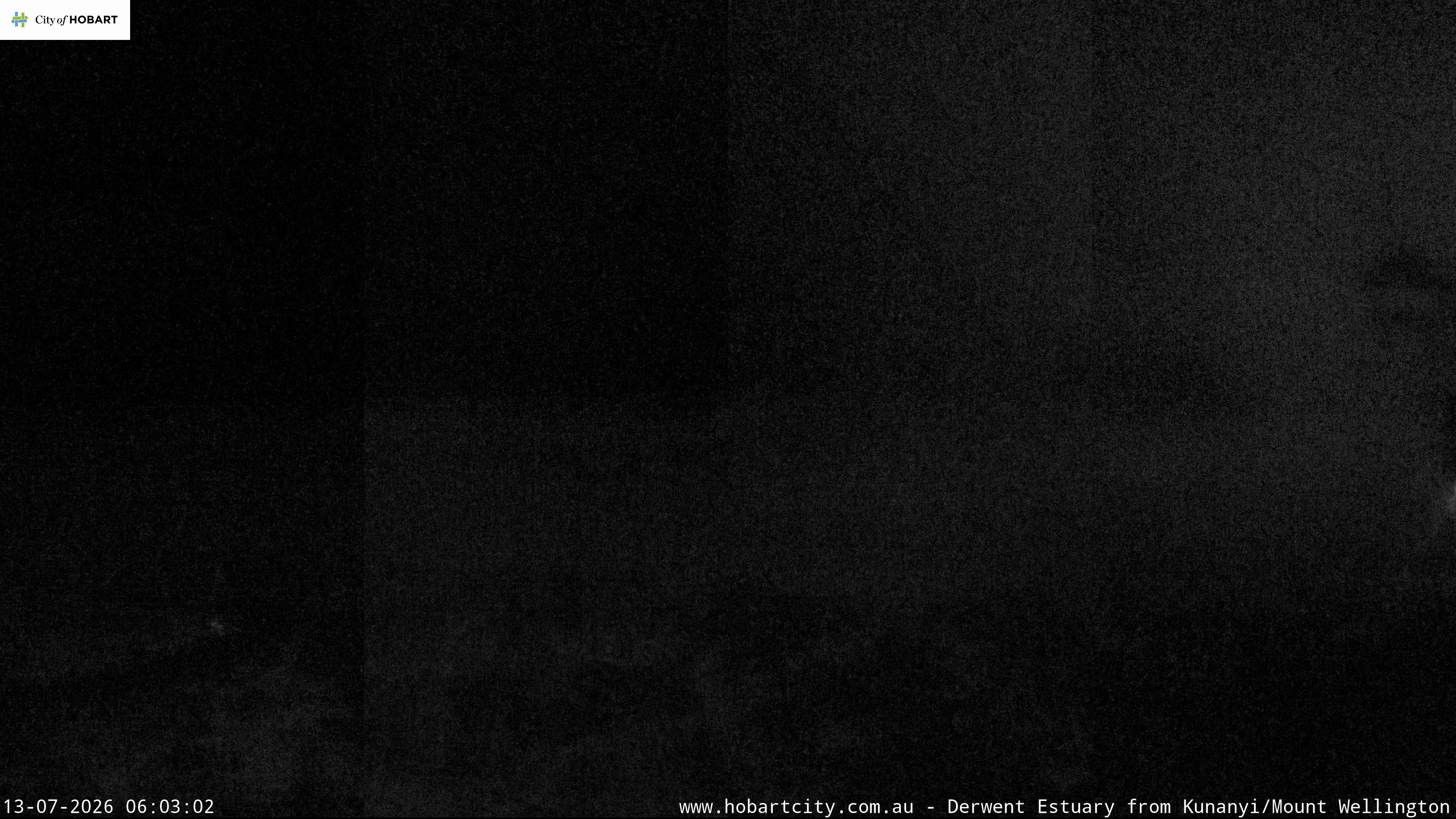 kunanyi / Mt Wellington Hobart and Derwent Estuary snow cam captured at 13 July 2026 at 6:03 am AEST