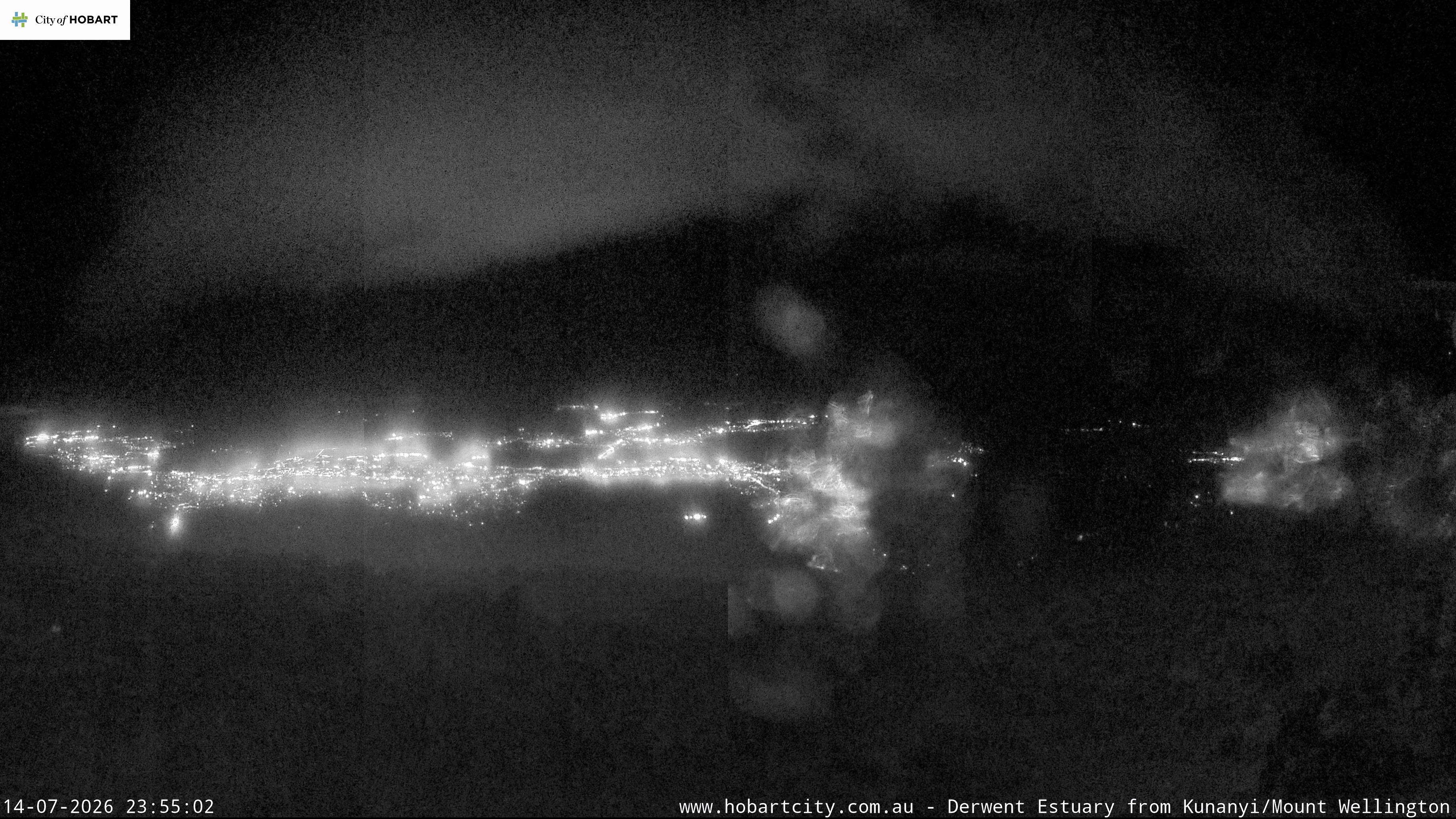 kunanyi / Mt Wellington Hobart and Derwent Estuary snow cam captured at 14 July 2026 at 11:55 pm AEST