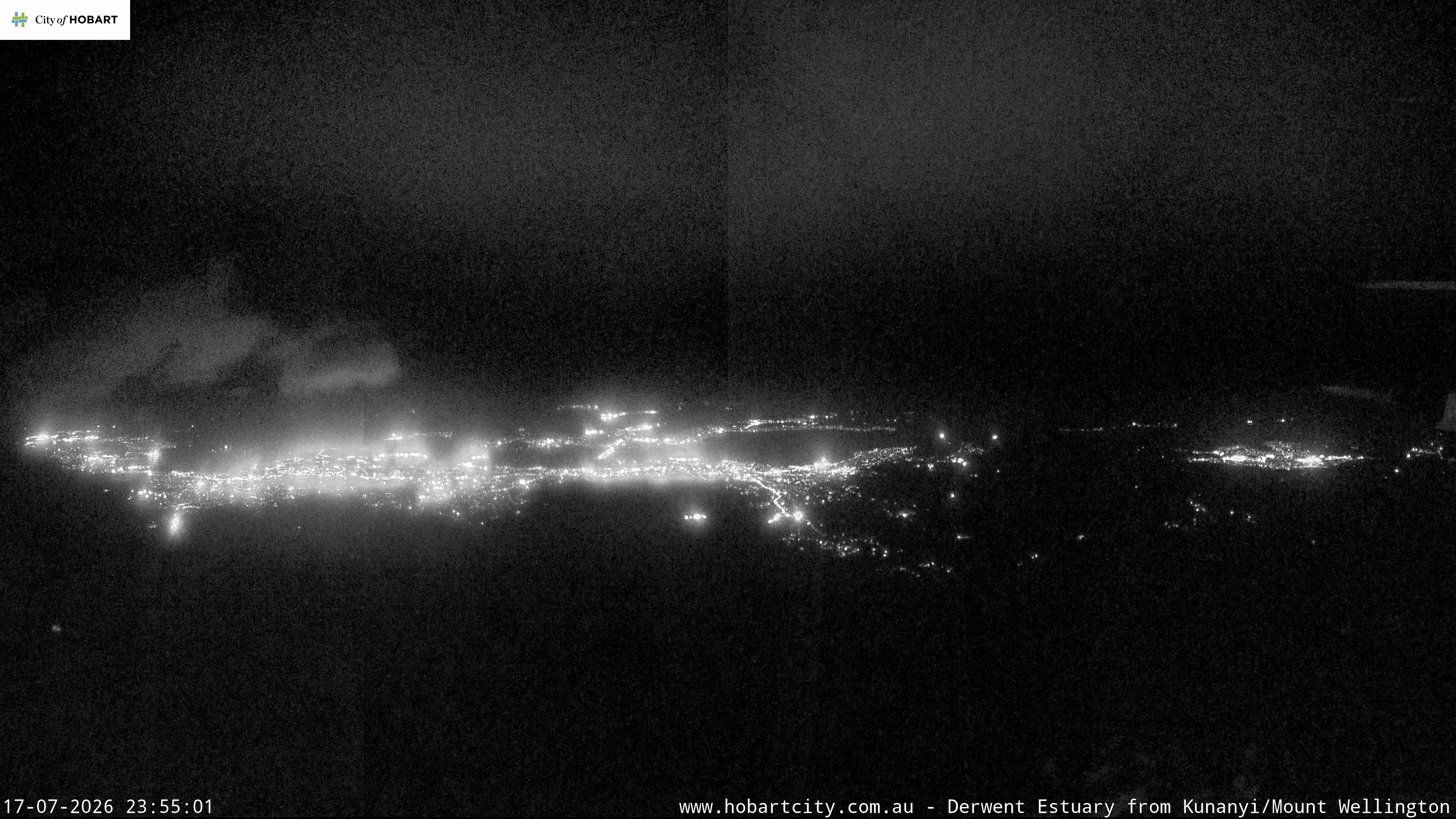 kunanyi / Mt Wellington Hobart and Derwent Estuary snow cam captured at 17 July 2026 at 11:55 pm AEST