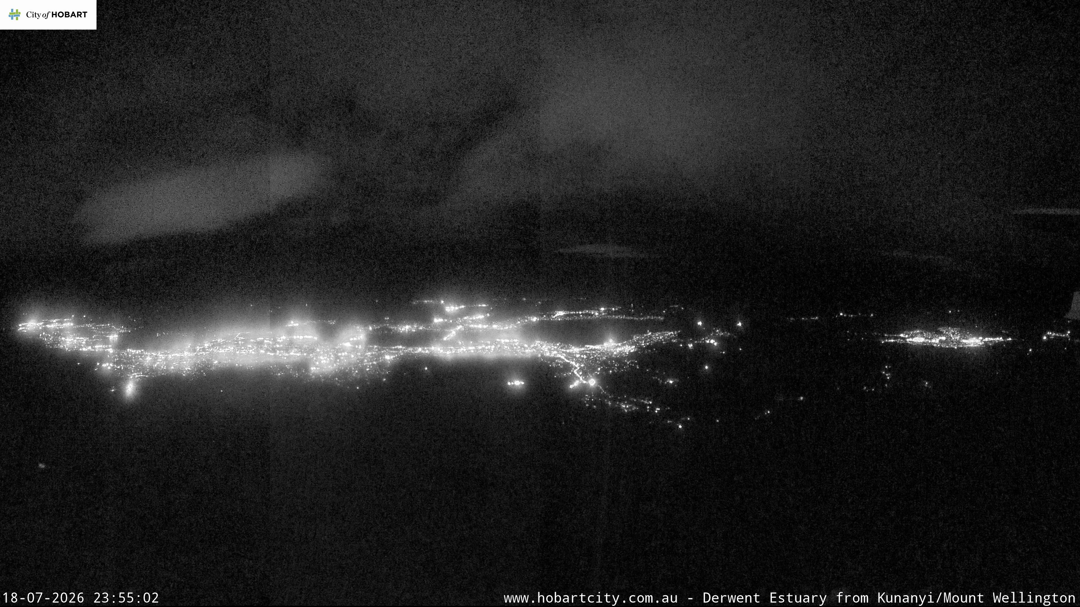 kunanyi / Mt Wellington Hobart and Derwent Estuary snow cam captured at 18 July 2026 at 11:55 pm AEST