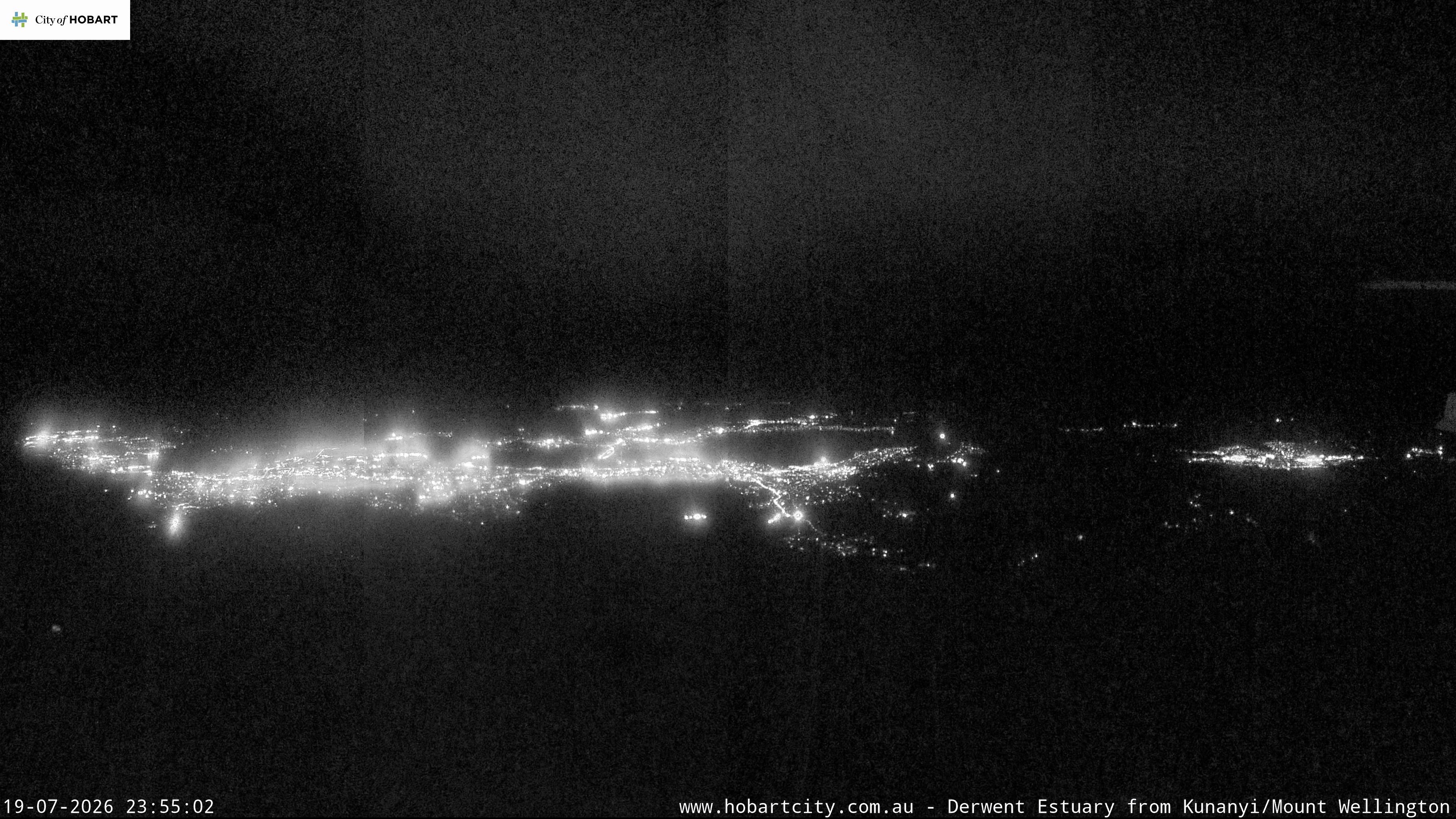 kunanyi / Mt Wellington Hobart and Derwent Estuary snow cam captured at 19 July 2026 at 11:55 pm AEST