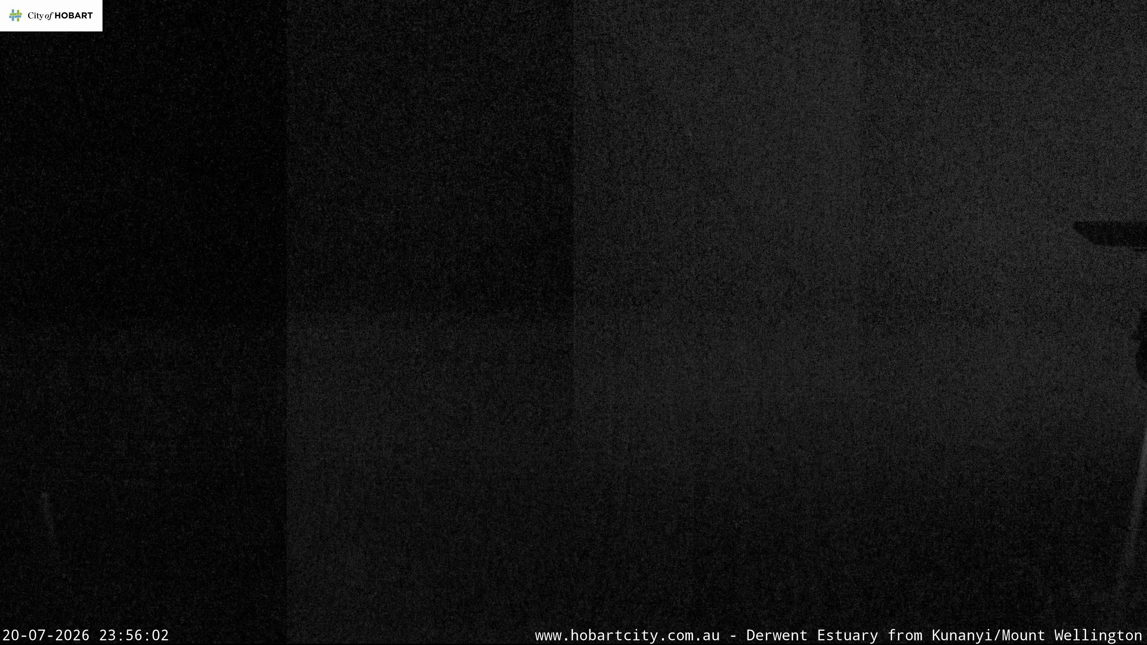 kunanyi / Mt Wellington Hobart and Derwent Estuary snow cam captured at 20 July 2026 at 11:56 pm AEST