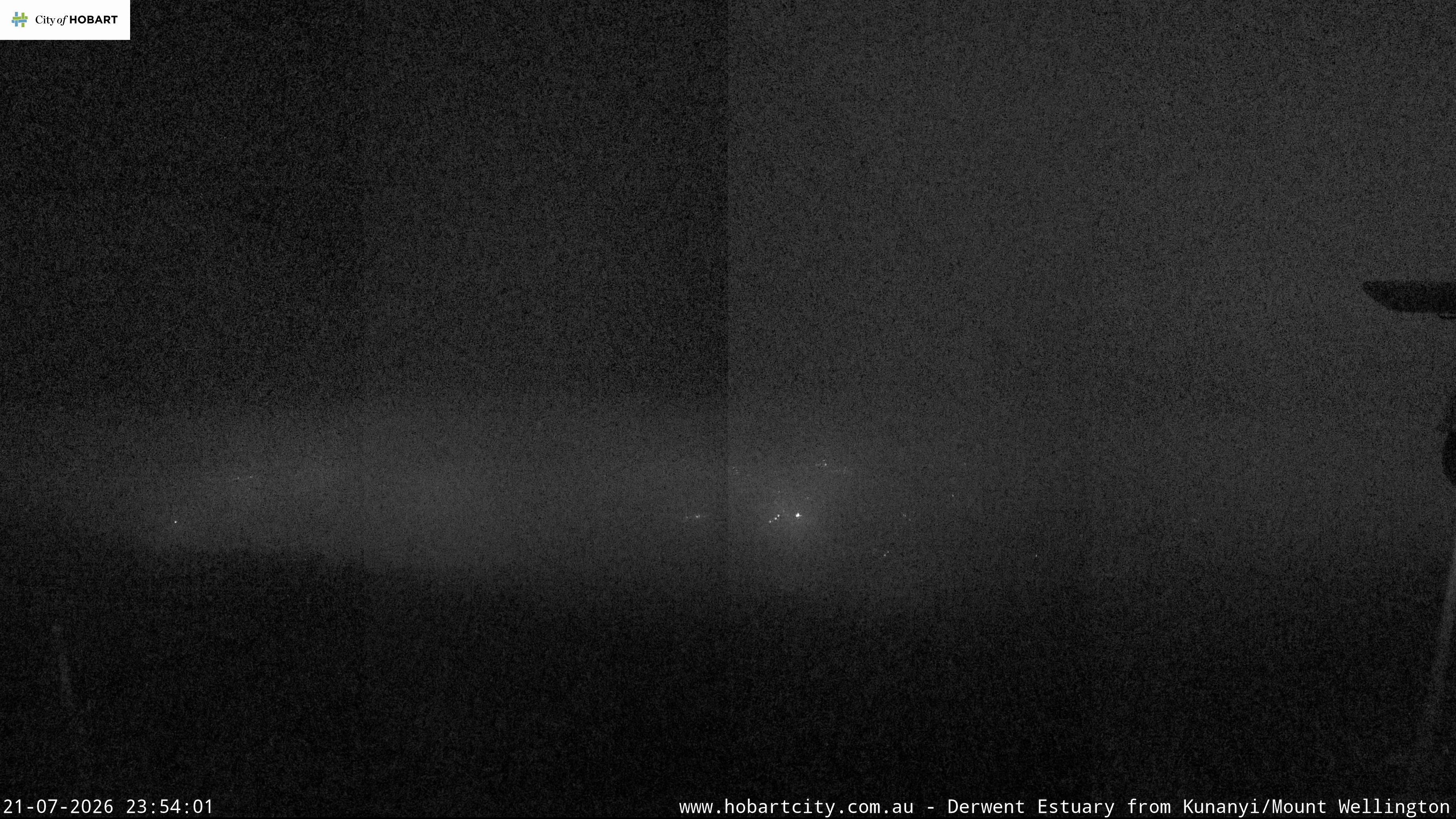kunanyi / Mt Wellington Hobart and Derwent Estuary snow cam captured at 21 July 2026 at 11:54 pm AEST