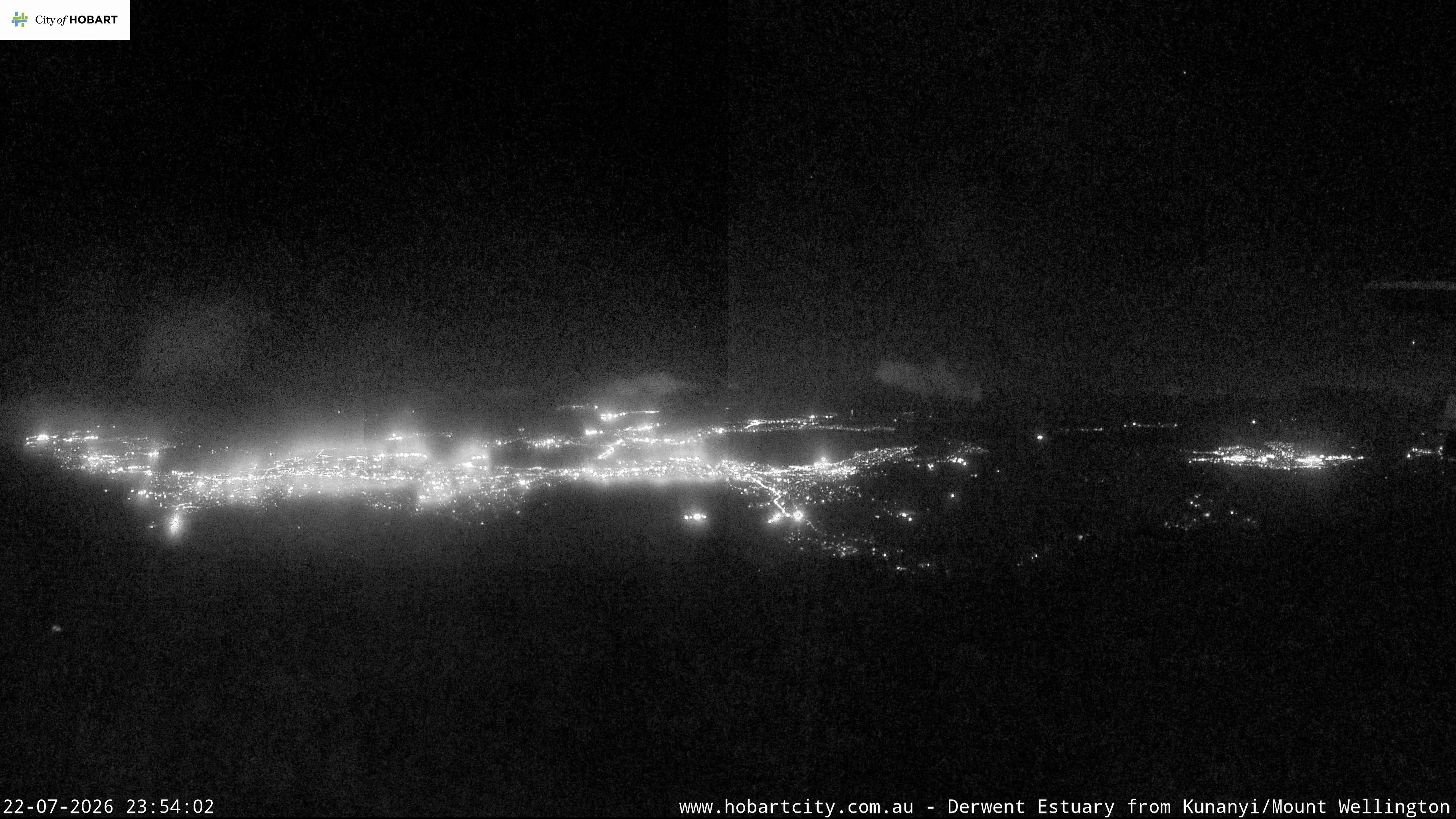 kunanyi / Mt Wellington Hobart and Derwent Estuary snow cam captured at 22 July 2026 at 11:55 pm AEST