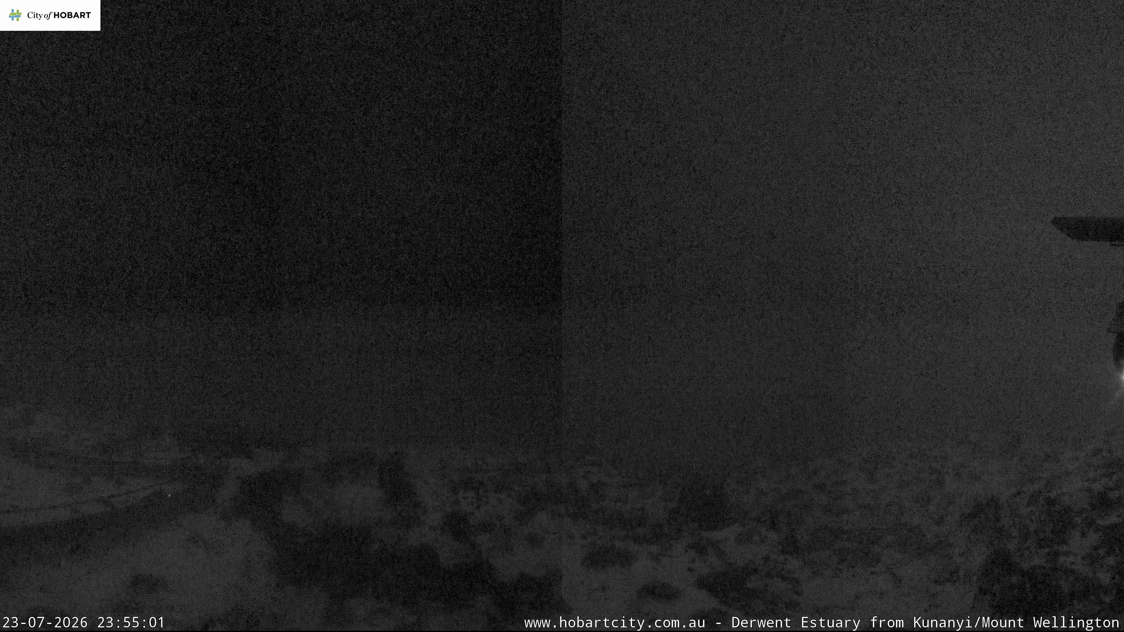 kunanyi / Mt Wellington Hobart and Derwent Estuary snow cam captured at 23 July 2026 at 11:55 pm AEST