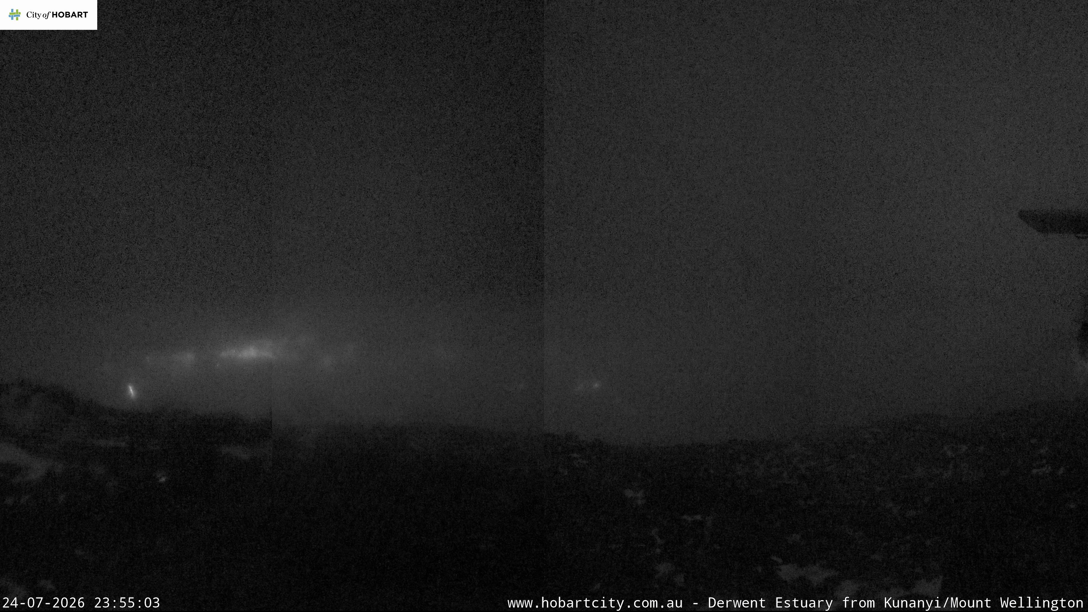kunanyi / Mt Wellington Hobart and Derwent Estuary snow cam captured at 24 July 2026 at 11:56 pm AEST