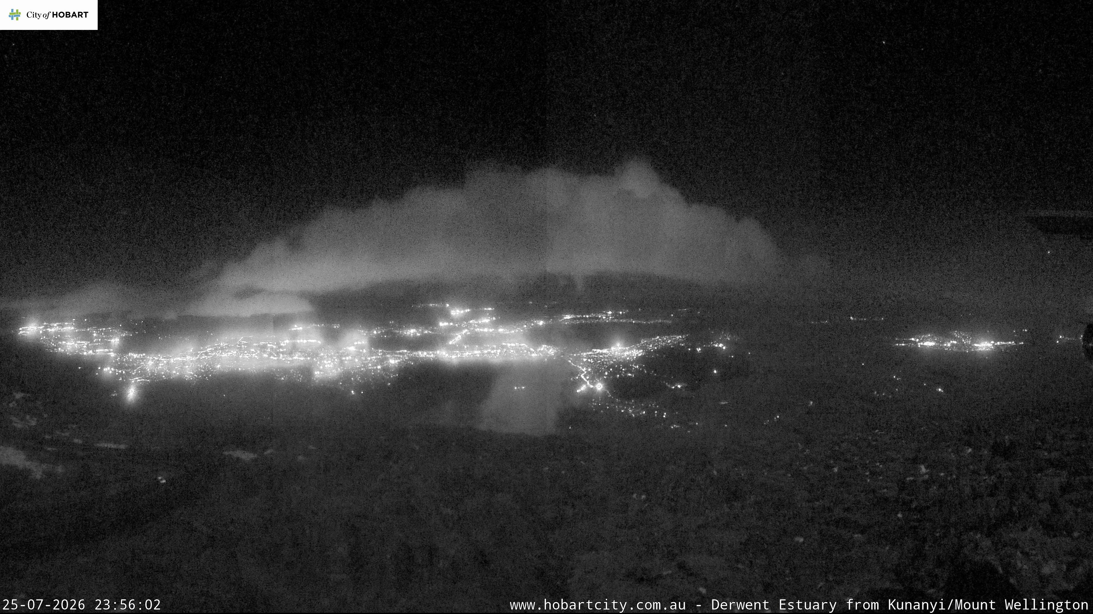 kunanyi / Mt Wellington Hobart and Derwent Estuary snow cam captured at 25 July 2026 at 11:56 pm AEST