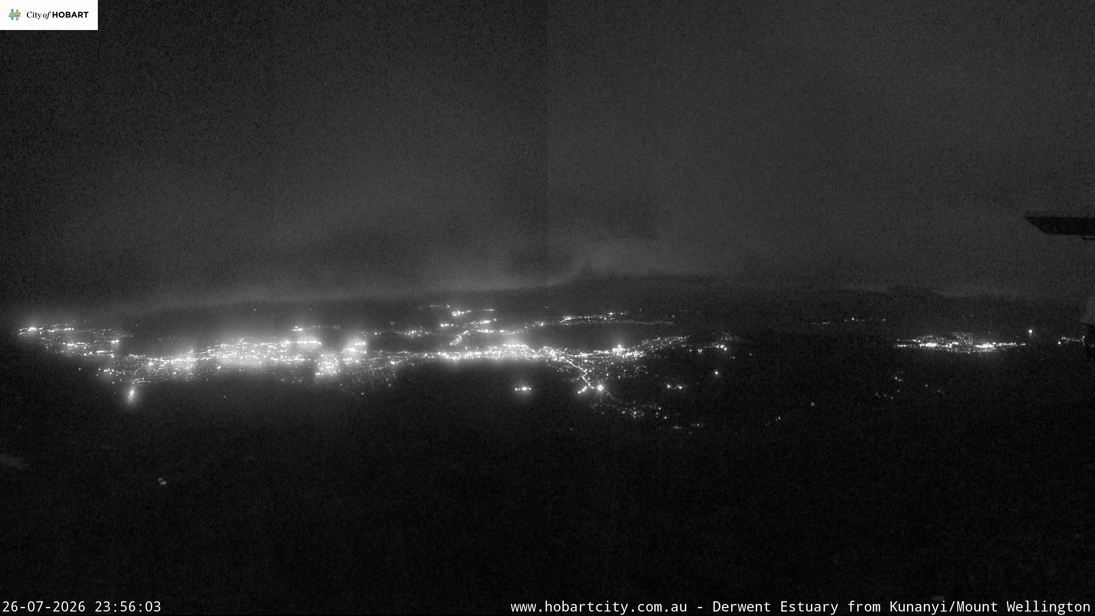 kunanyi / Mt Wellington Hobart and Derwent Estuary snow cam captured at 26 July 2026 at 11:56 pm AEST
