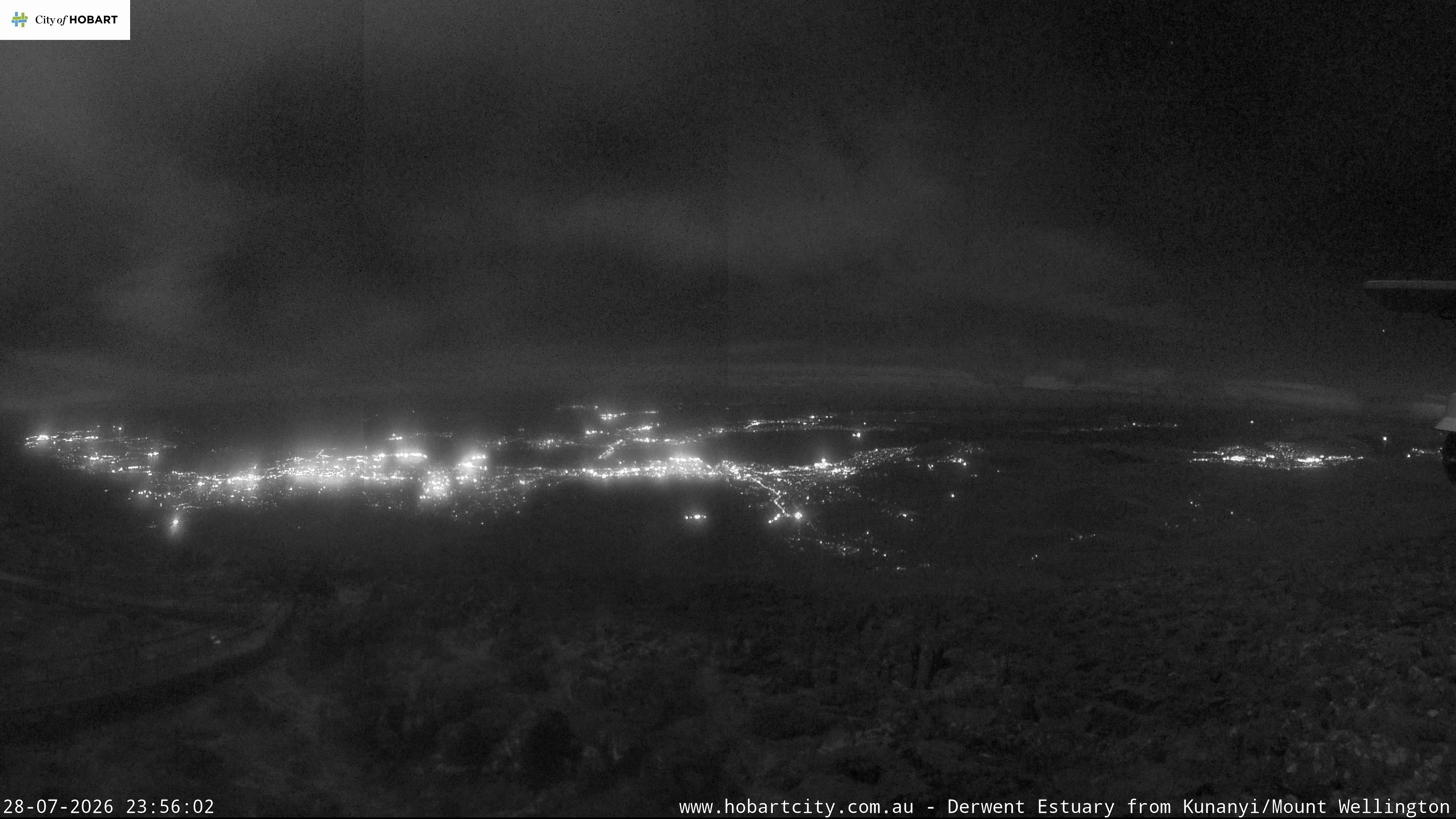 kunanyi / Mt Wellington Hobart and Derwent Estuary snow cam captured at 28 July 2026 at 11:56 pm AEST