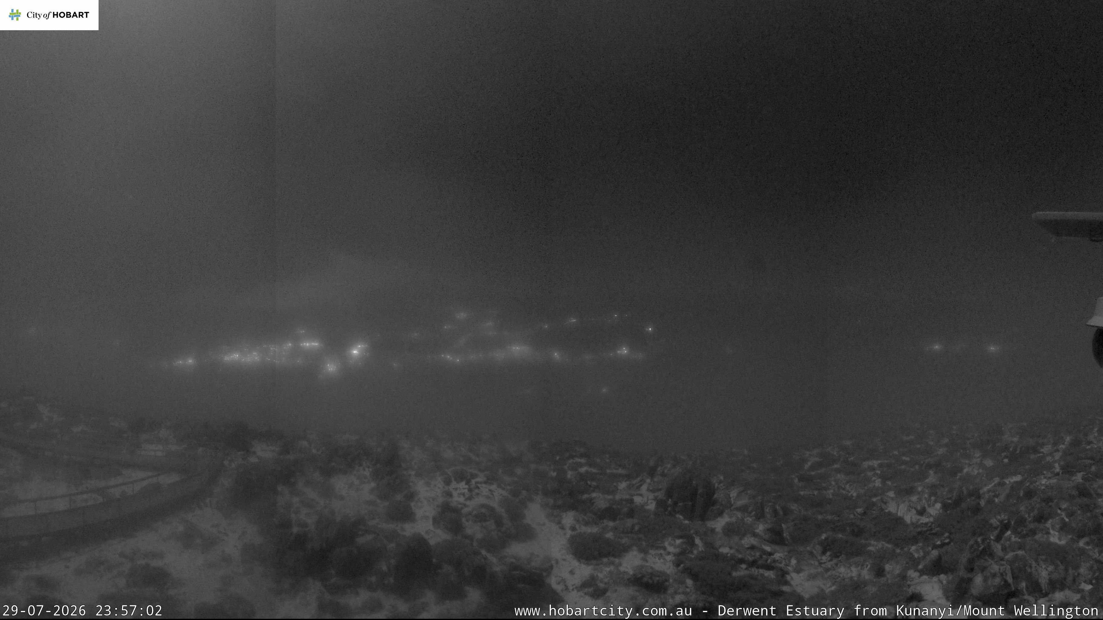 kunanyi / Mt Wellington Hobart and Derwent Estuary snow cam captured at 29 July 2026 at 11:57 pm AEST