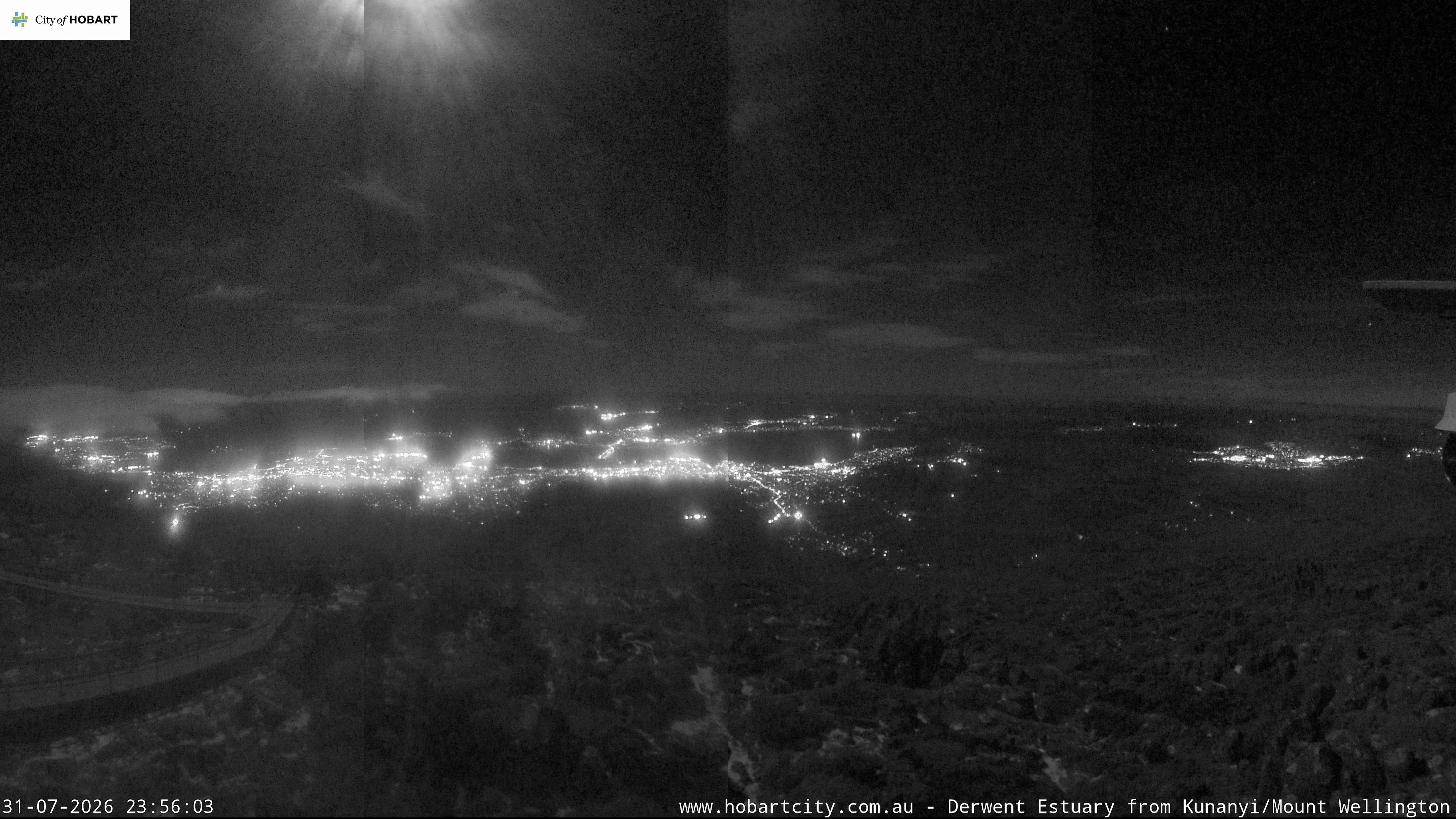 kunanyi / Mt Wellington Hobart and Derwent Estuary snow cam captured at 31 July 2026 at 11:56 pm AEST