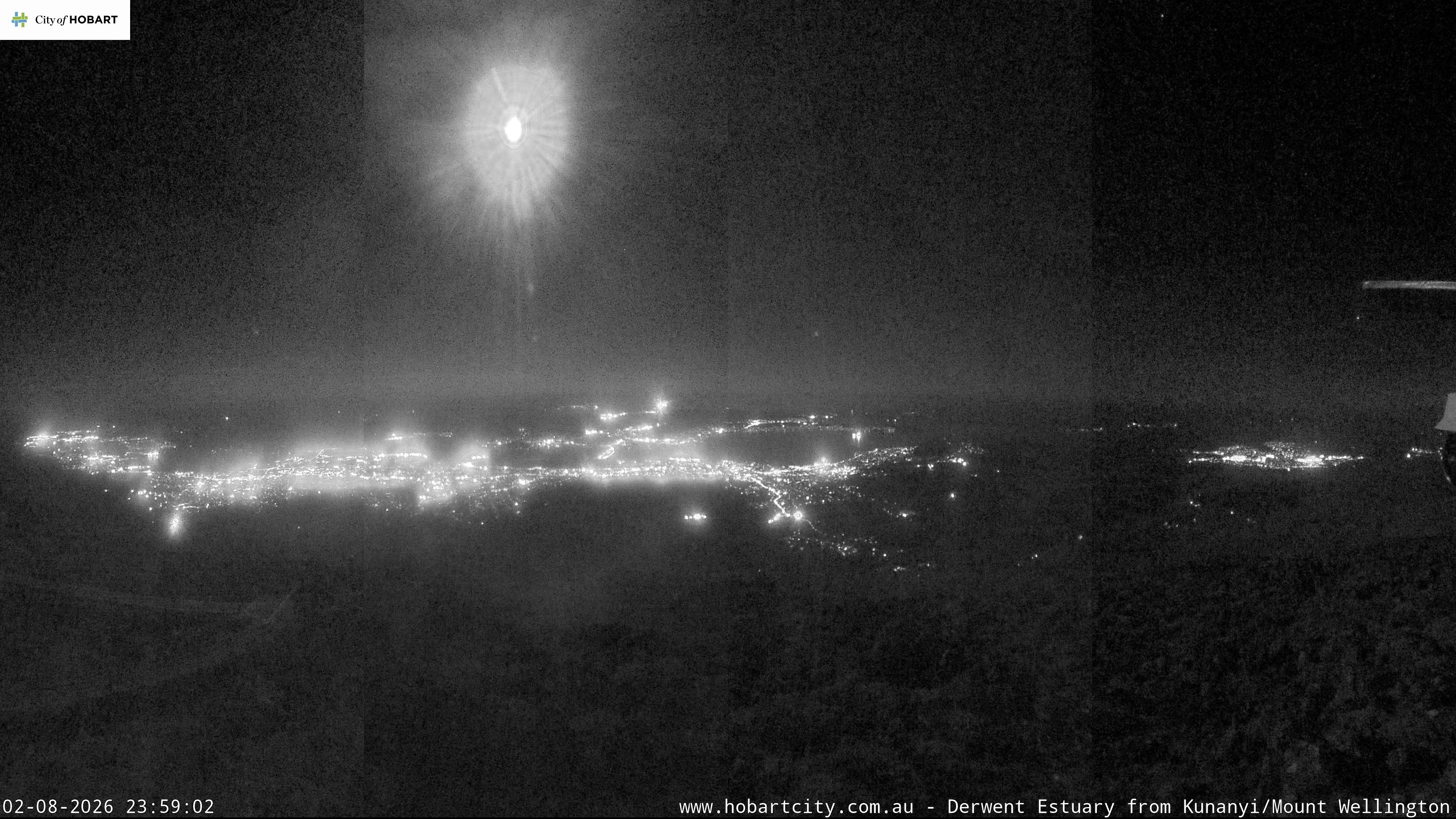 kunanyi / Mt Wellington Hobart and Derwent Estuary snow cam captured at 2 August 2026 at 11:59 pm AEST