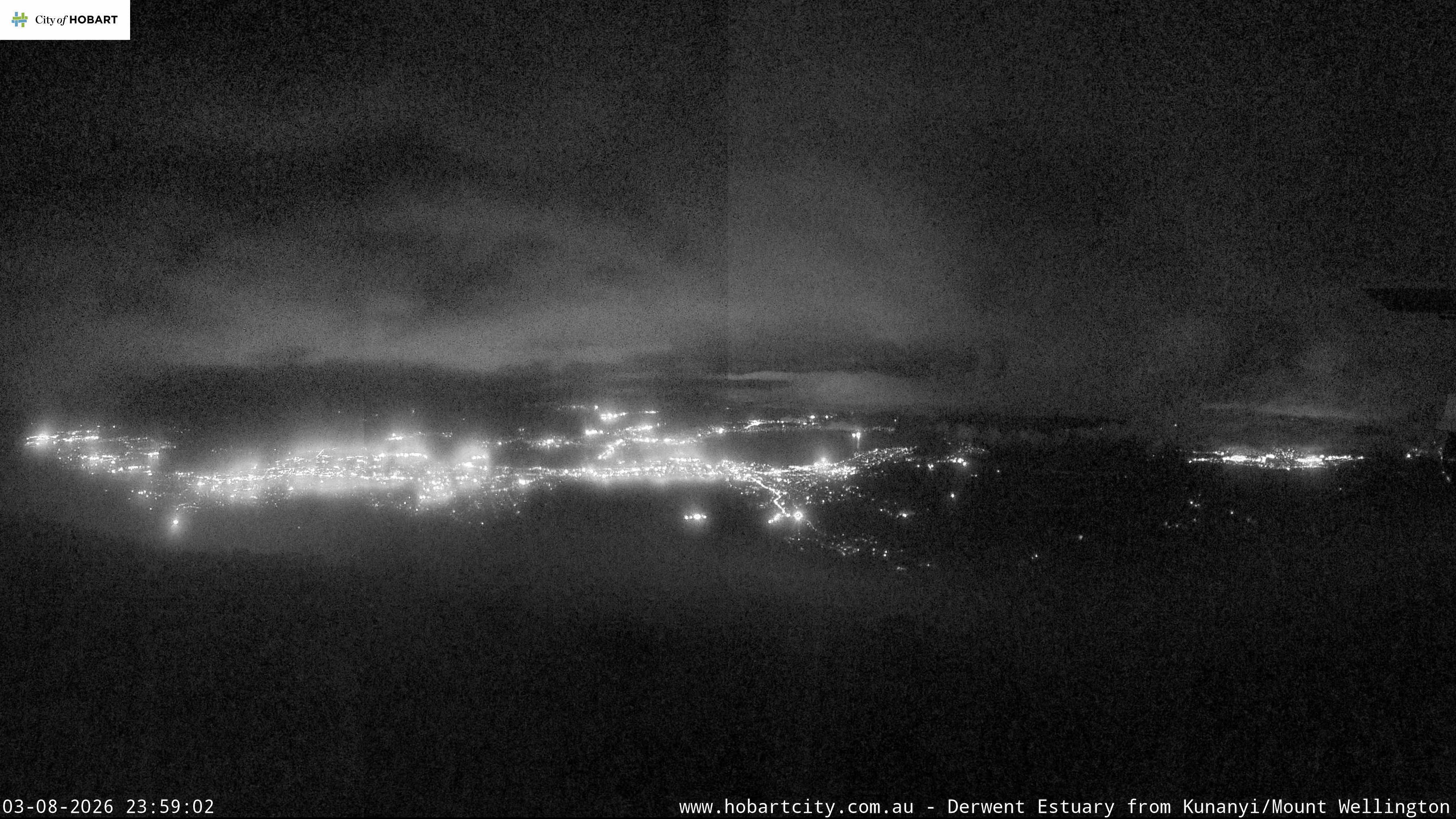 kunanyi / Mt Wellington Hobart and Derwent Estuary snow cam captured at 3 August 2026 at 11:59 pm AEST