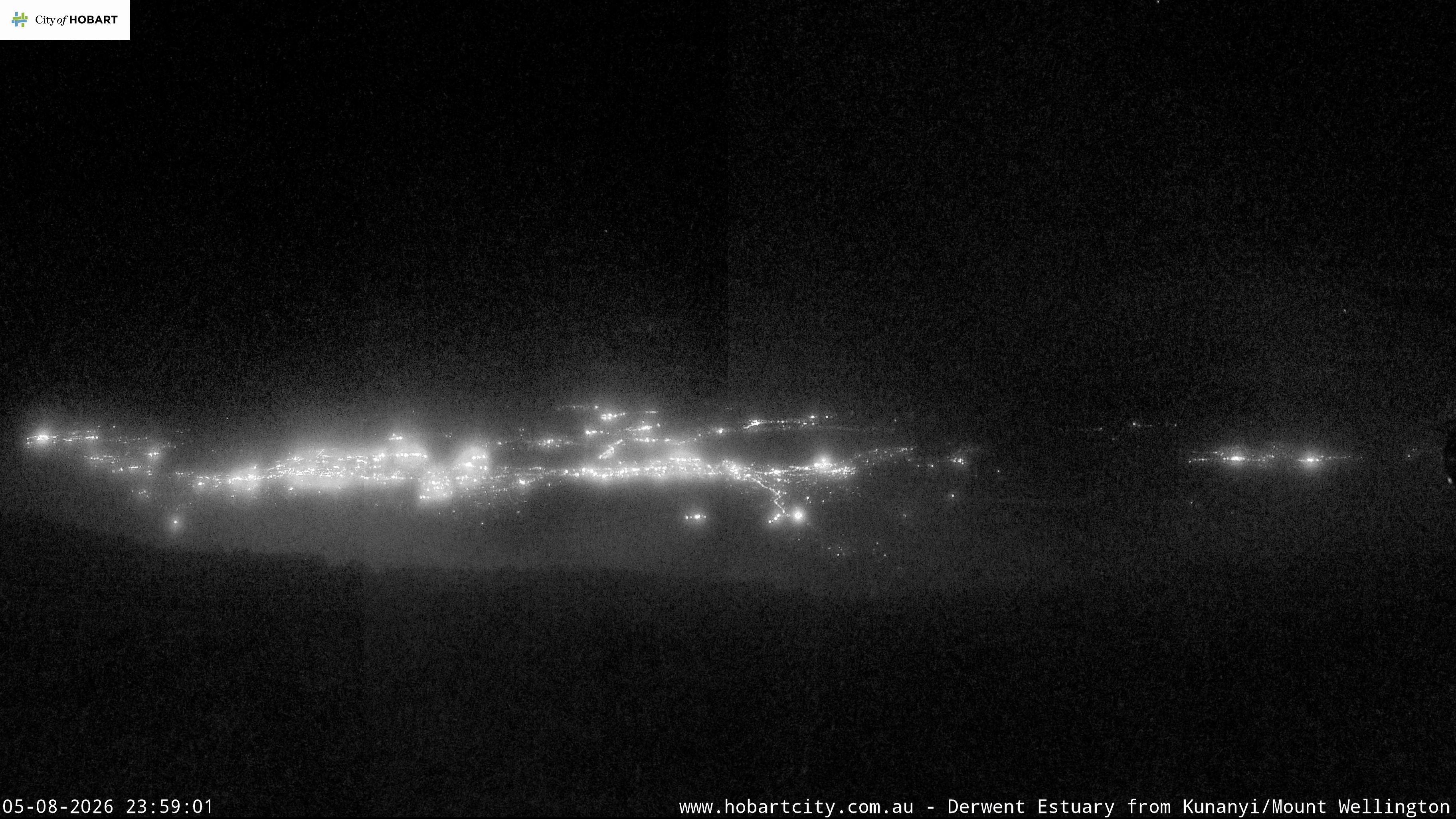kunanyi / Mt Wellington Hobart and Derwent Estuary snow cam captured at 5 August 2026 at 11:59 pm AEST