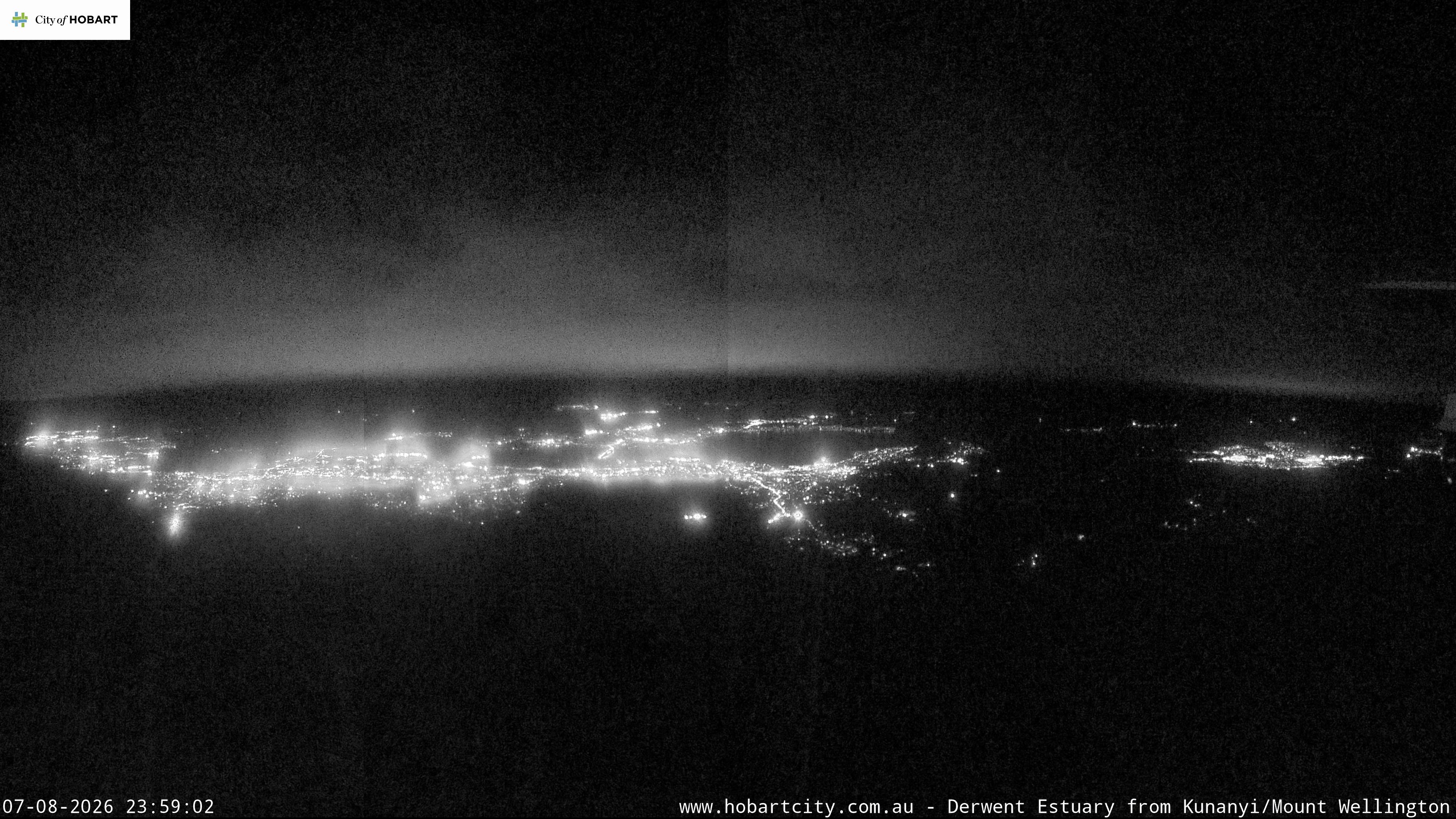 kunanyi / Mt Wellington Hobart and Derwent Estuary snow cam captured at 7 August 2026 at 11:59 pm AEST