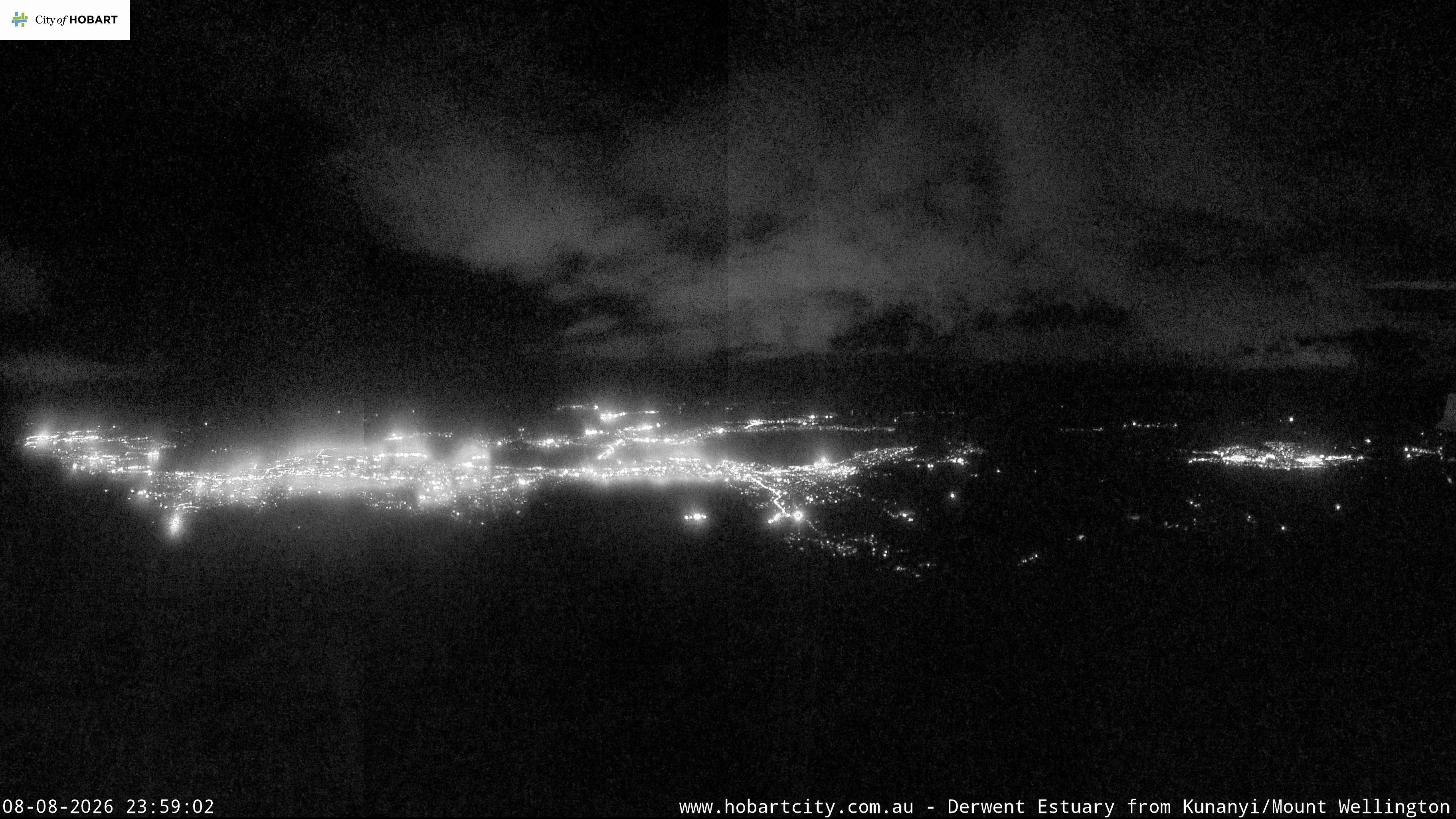 kunanyi / Mt Wellington Hobart and Derwent Estuary snow cam captured at 8 August 2026 at 11:59 pm AEST