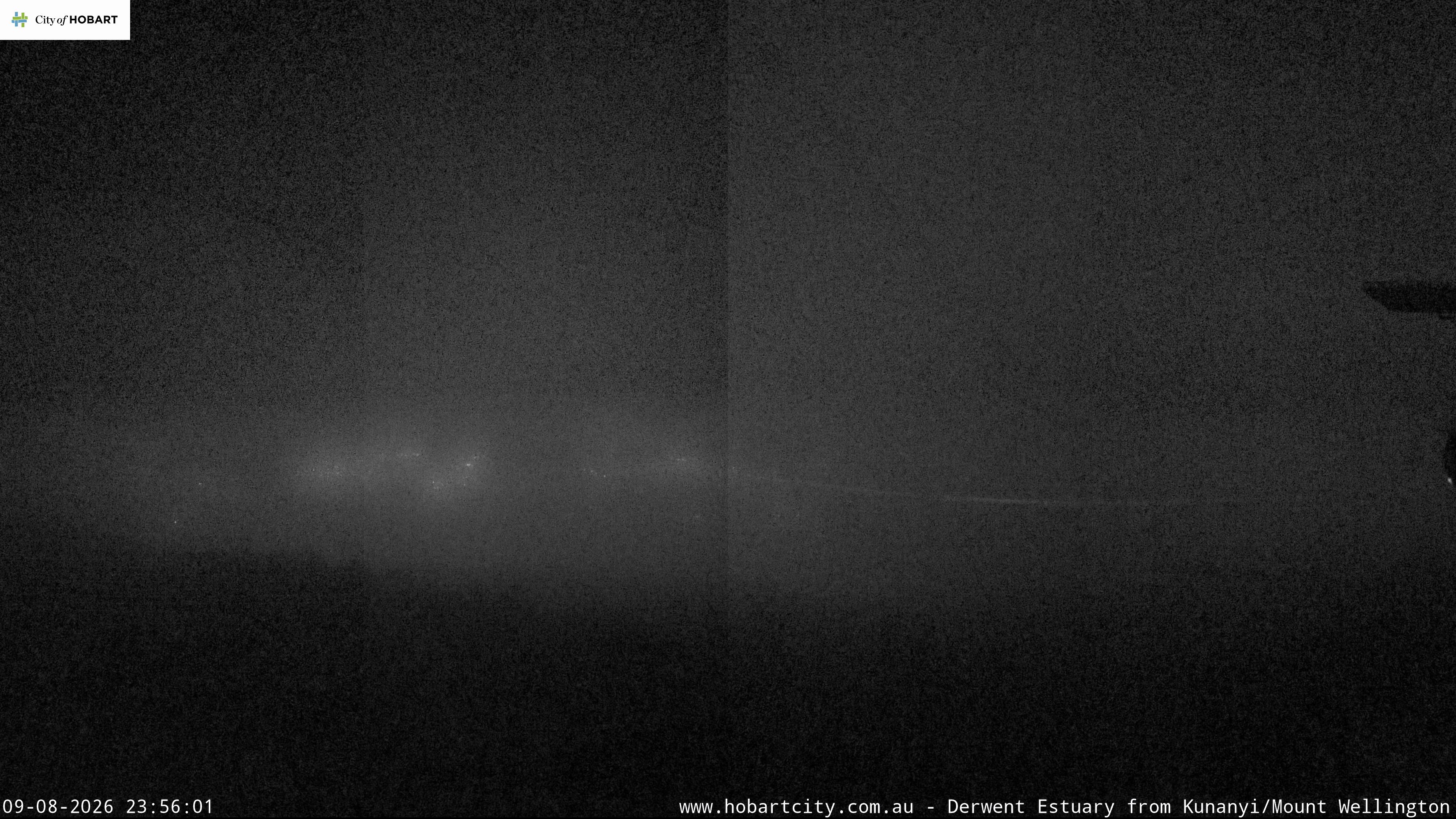 kunanyi / Mt Wellington Hobart and Derwent Estuary snow cam captured at 9 August 2026 at 11:56 pm AEST